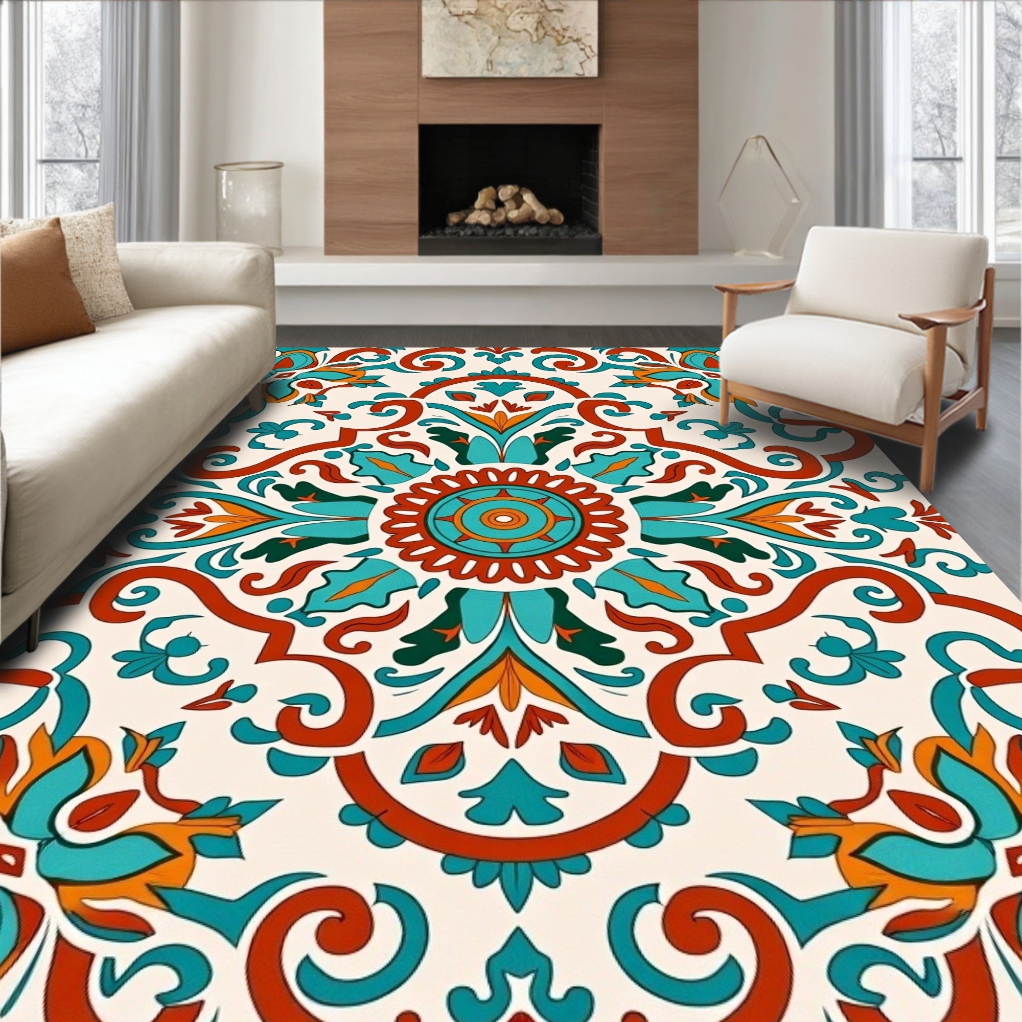Turquoise Orange Indian Floral Mandala Rug