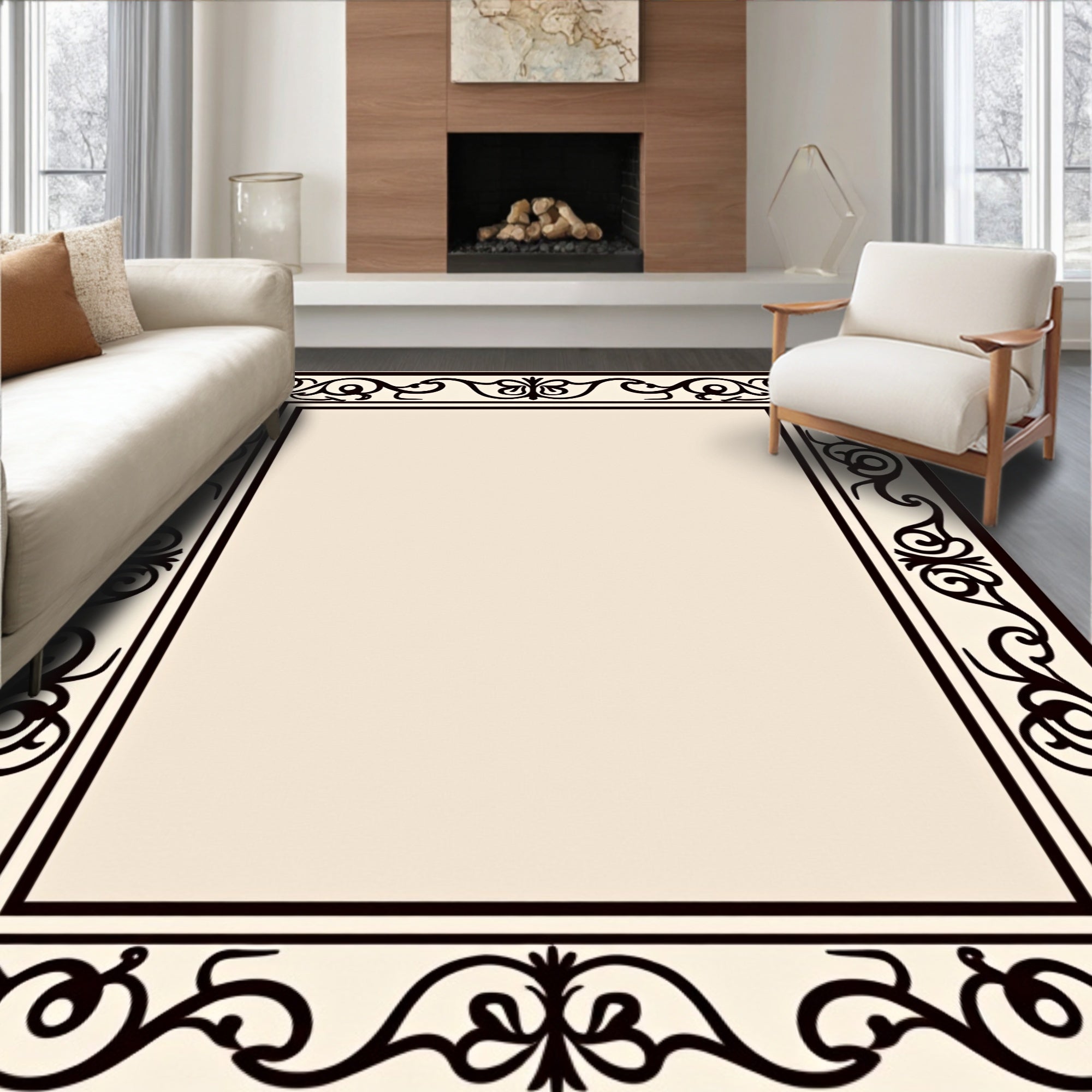 Classic Ivory Black Filigree Border Rug