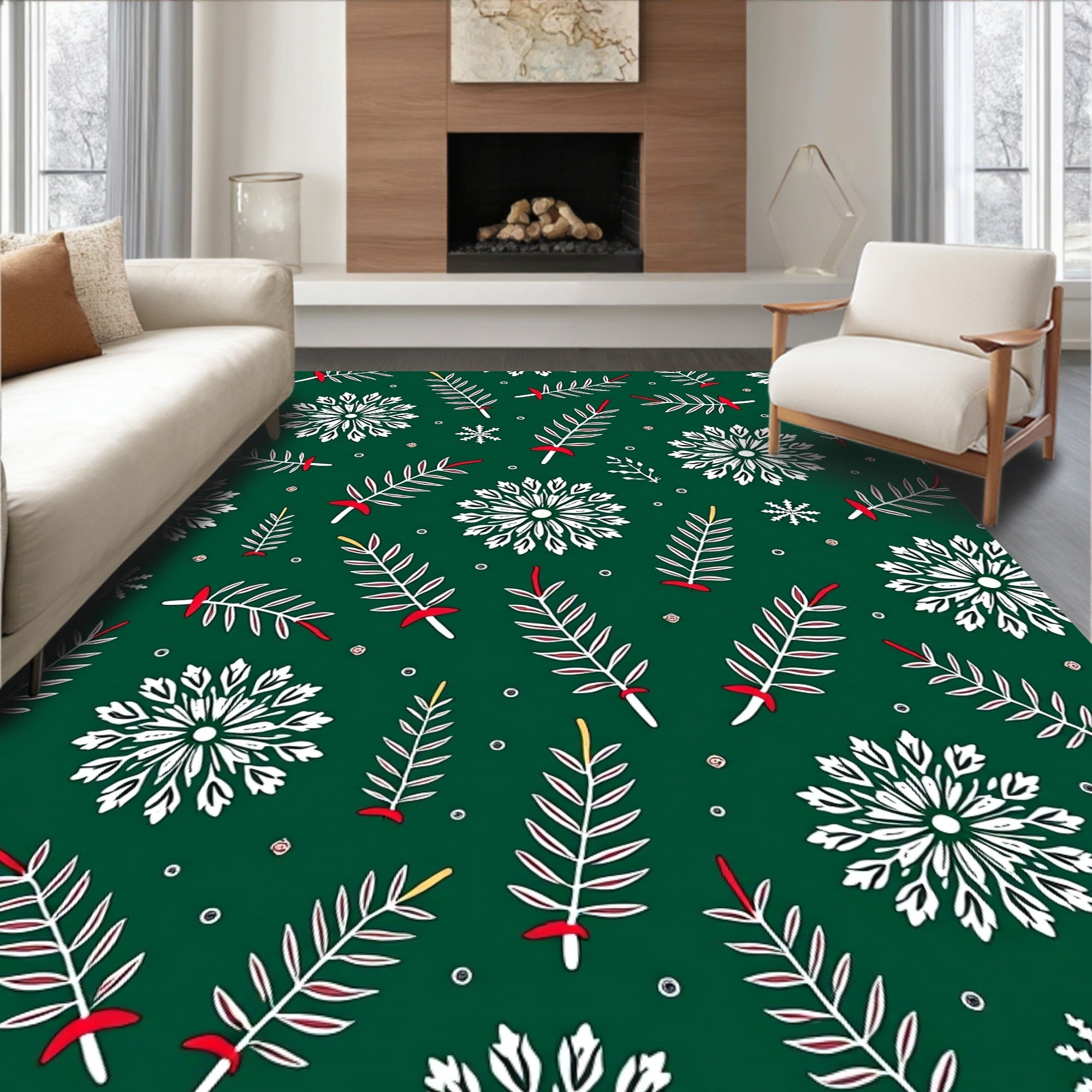 Green Winter Snowflake Branch Arrangement Rug