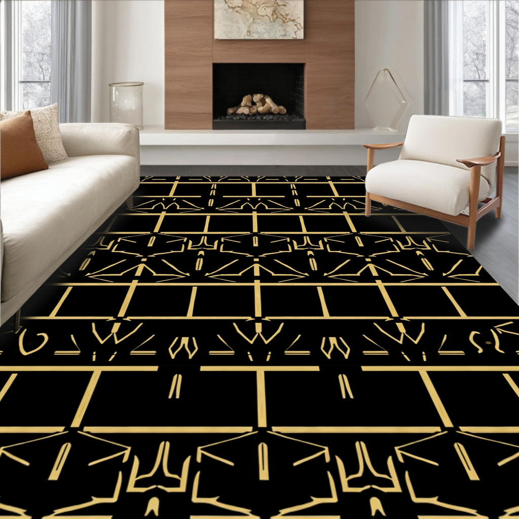Golden Black Geometric Art Deco Rug
