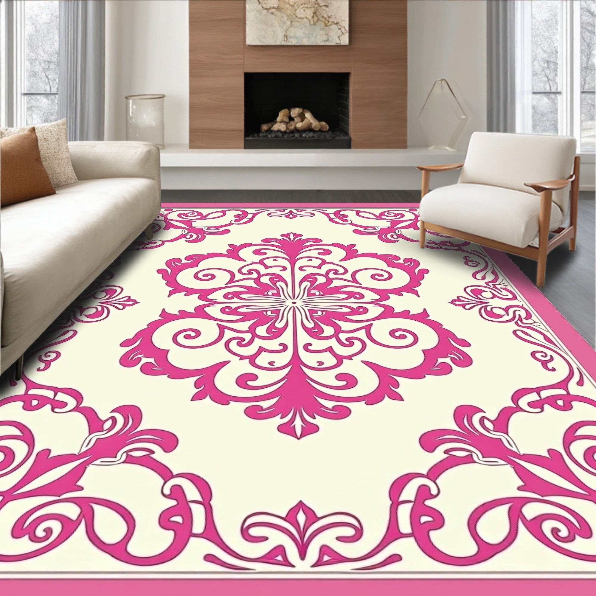 Pink Vintage Floral Swirl Medallion Rug