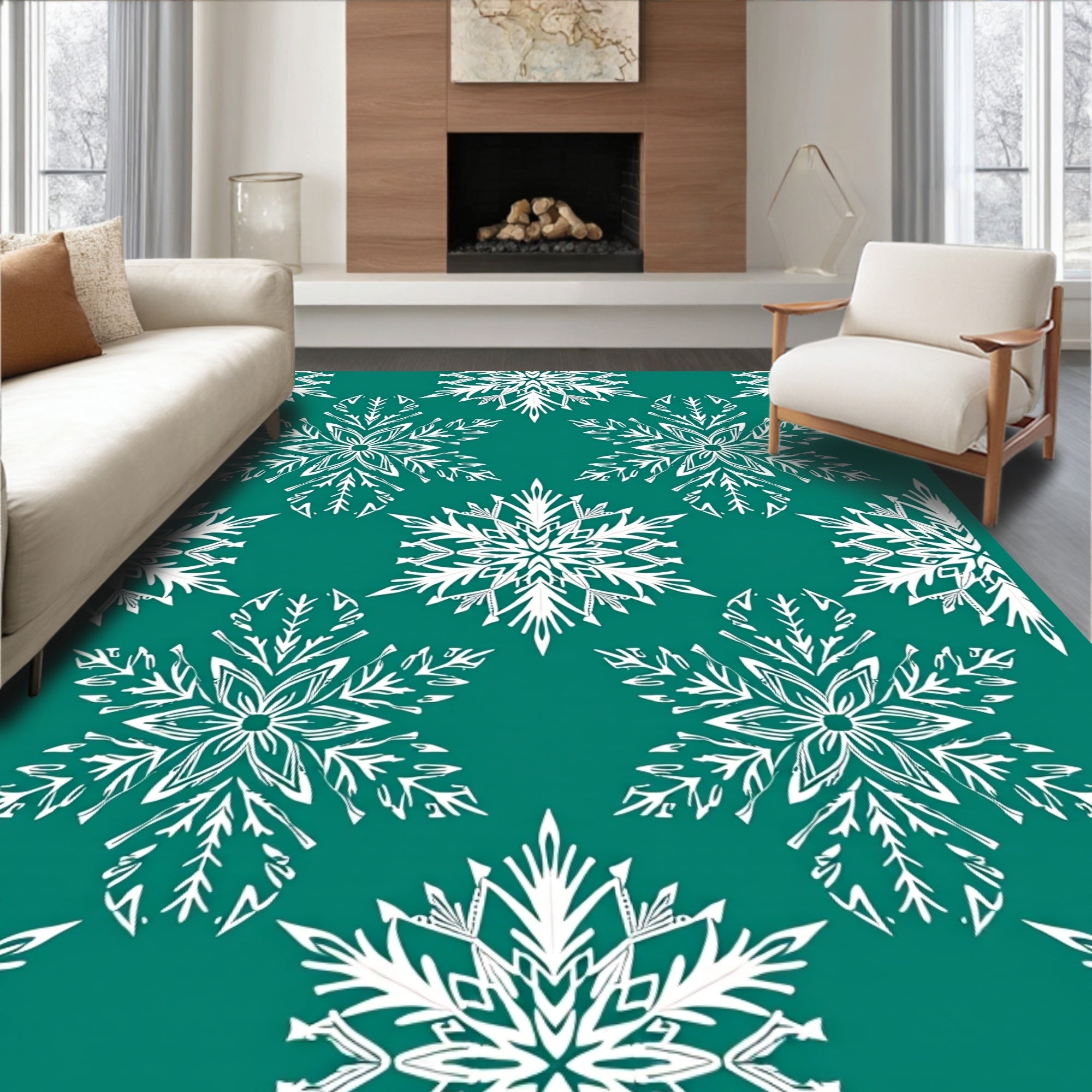 Teal White Snowflake Cluster Rug
