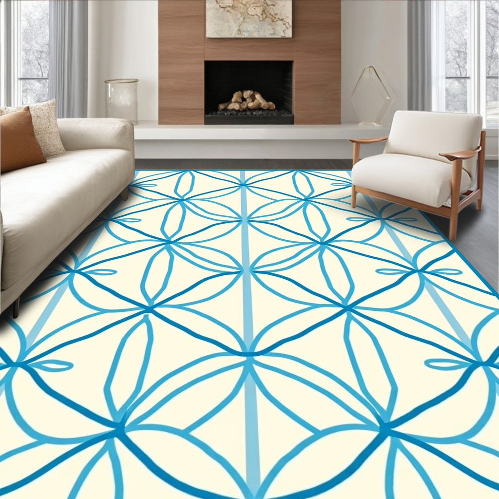 Banded Blue Abstract Floral Arrangement Rug