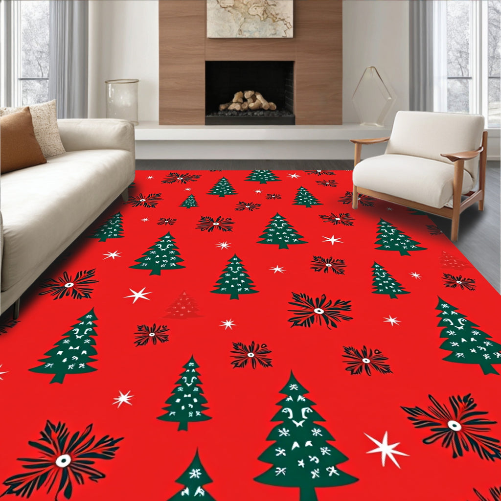Festive Red Green Christmas Trees Stars Rug