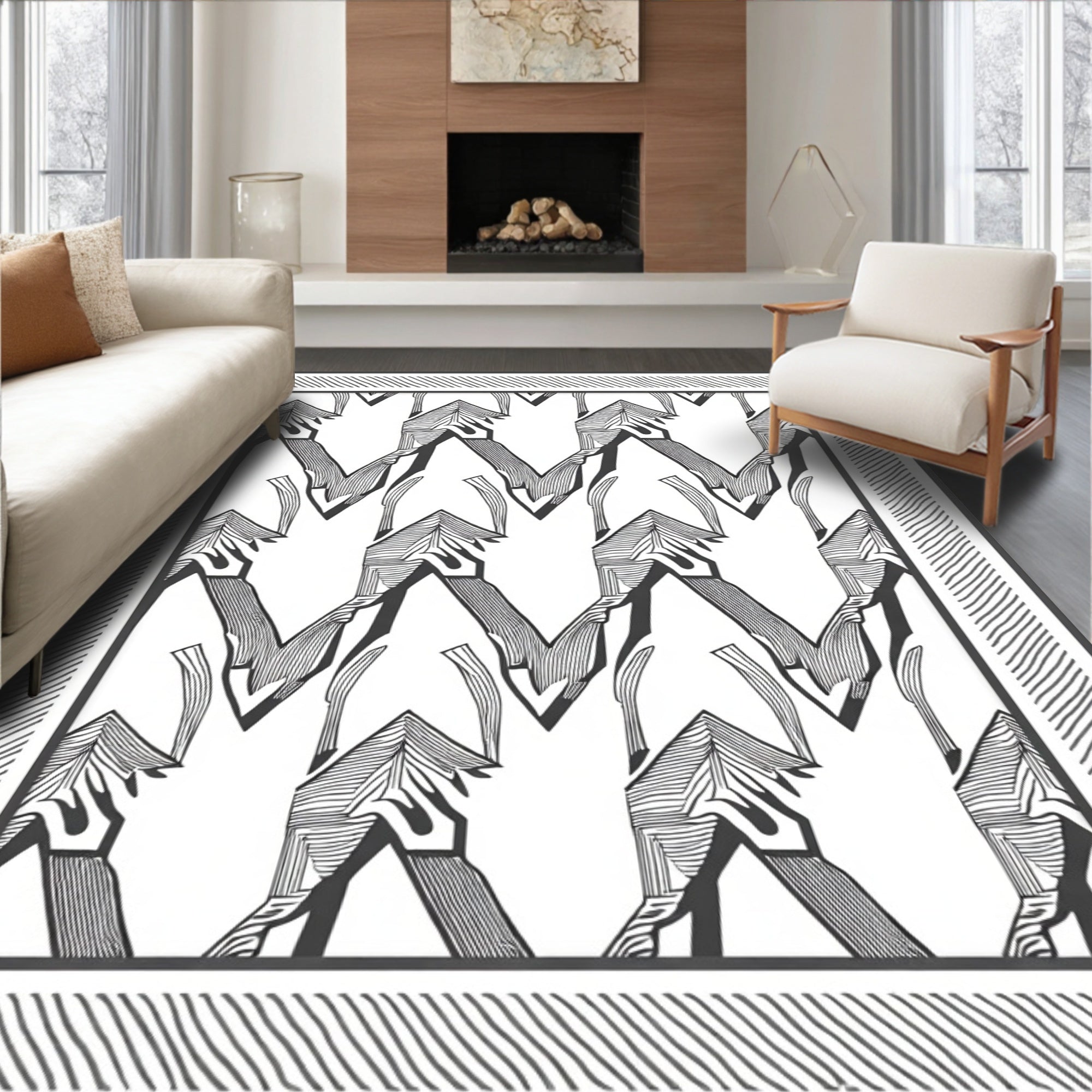 Monochromatic Abstract Zigzag Geometric Rendering Rug
