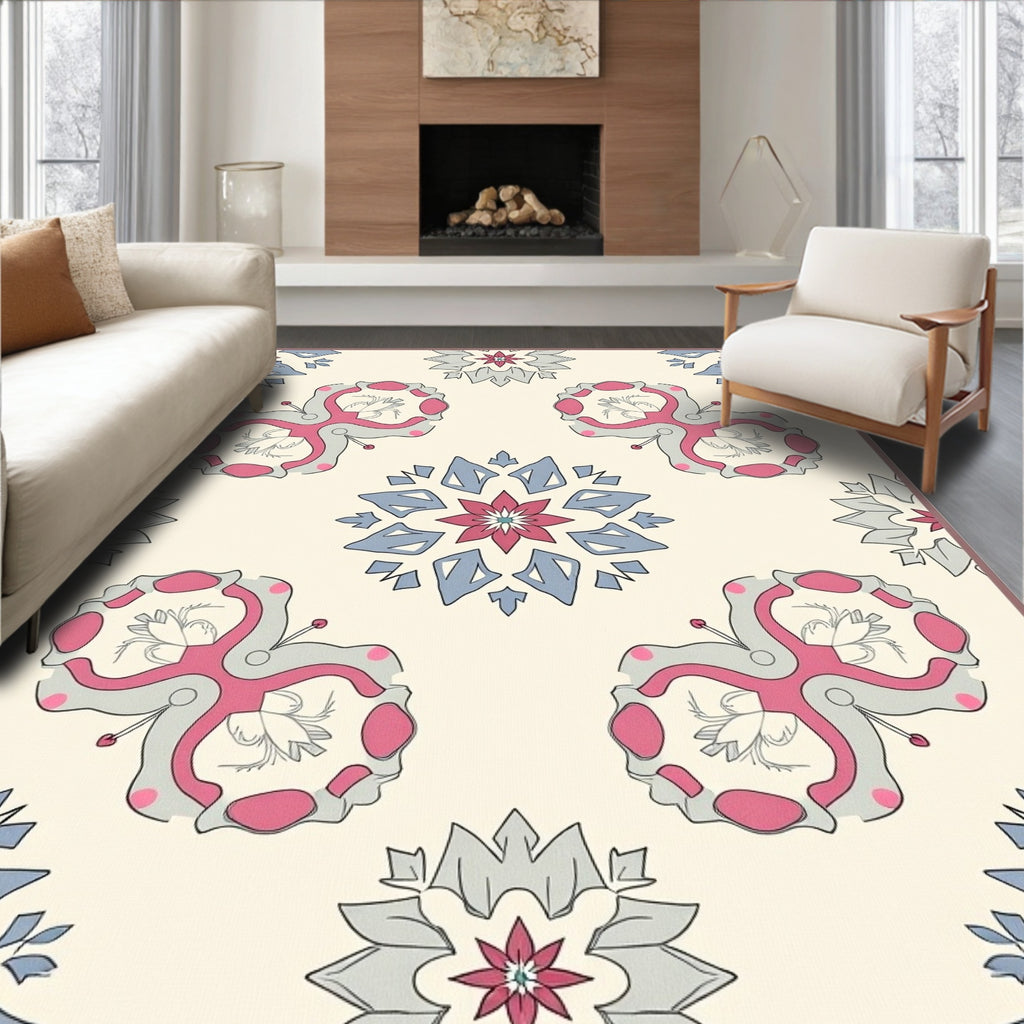 Cream Pink Gray Floral Medallion Rug