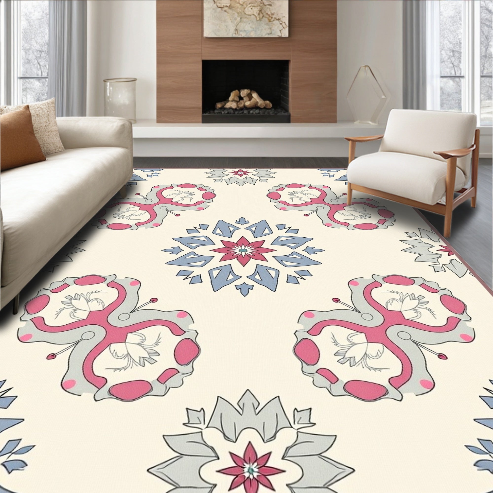 Cream Pink Gray Floral Medallion Rug