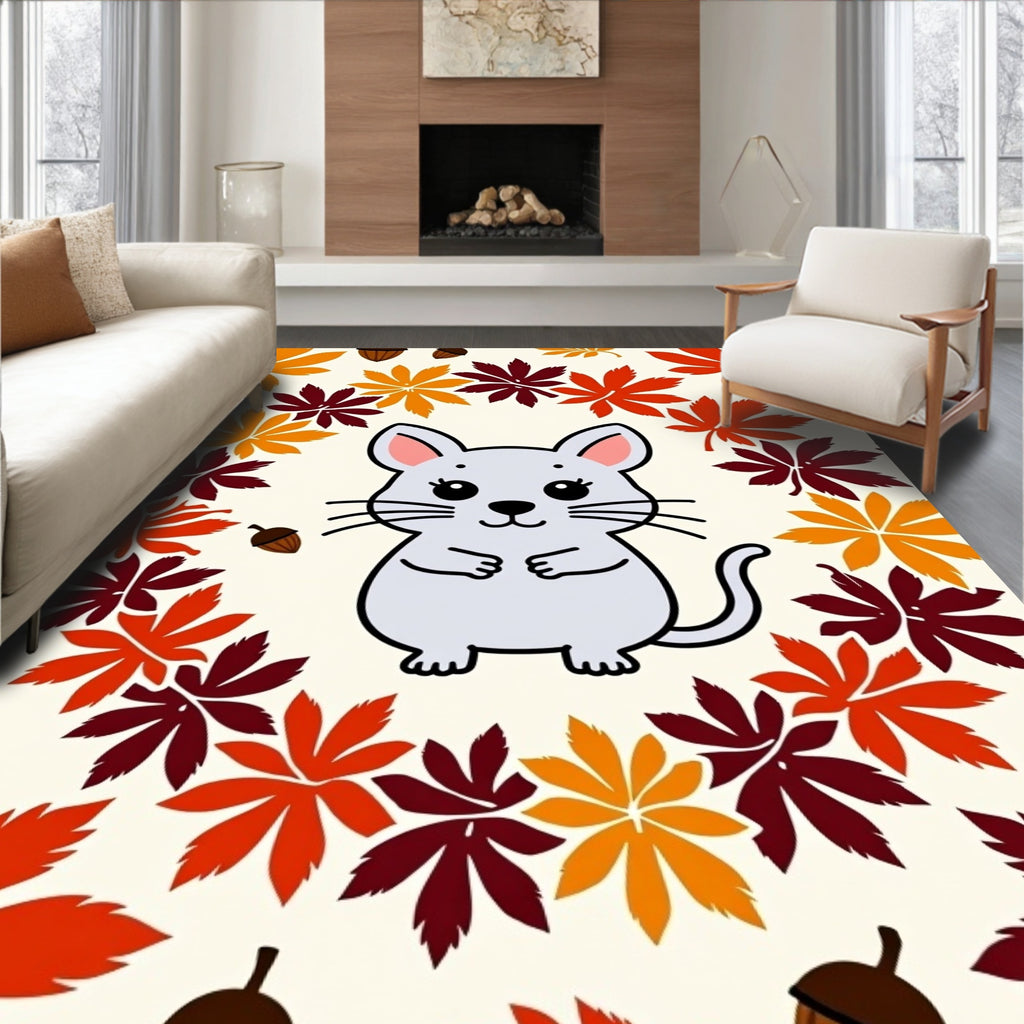 Cute Gray Mouse Autumn Leaf Border Rug