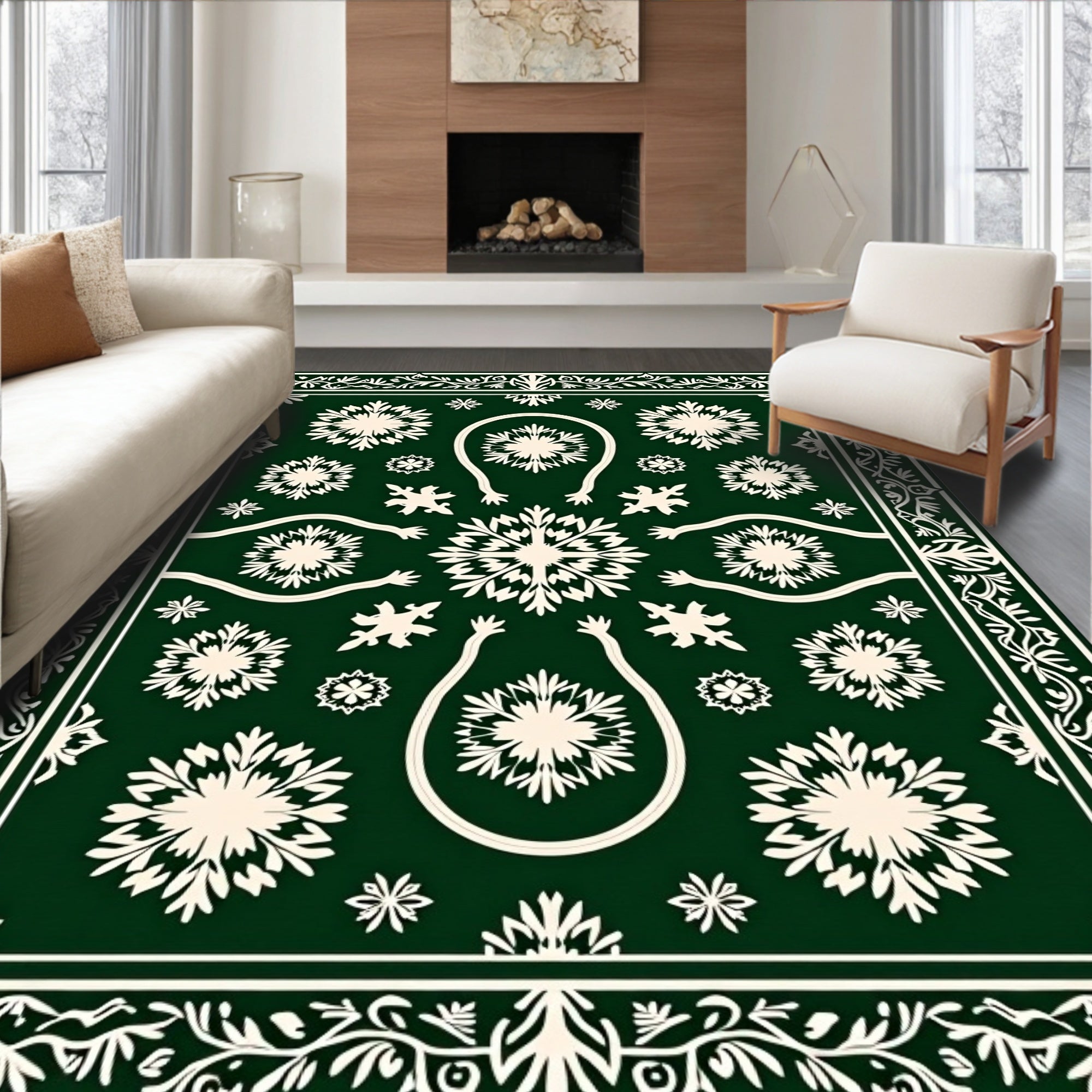 Dark Green Floral Medallion Art Rug
