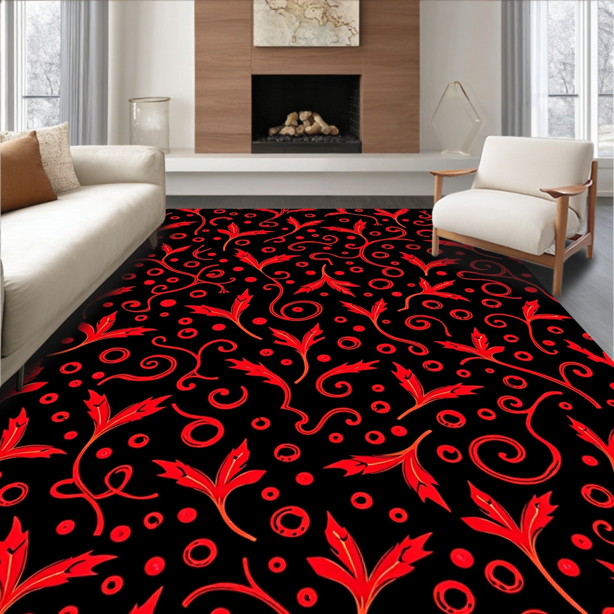 Crimson Vine Swirl Red Dots Rug