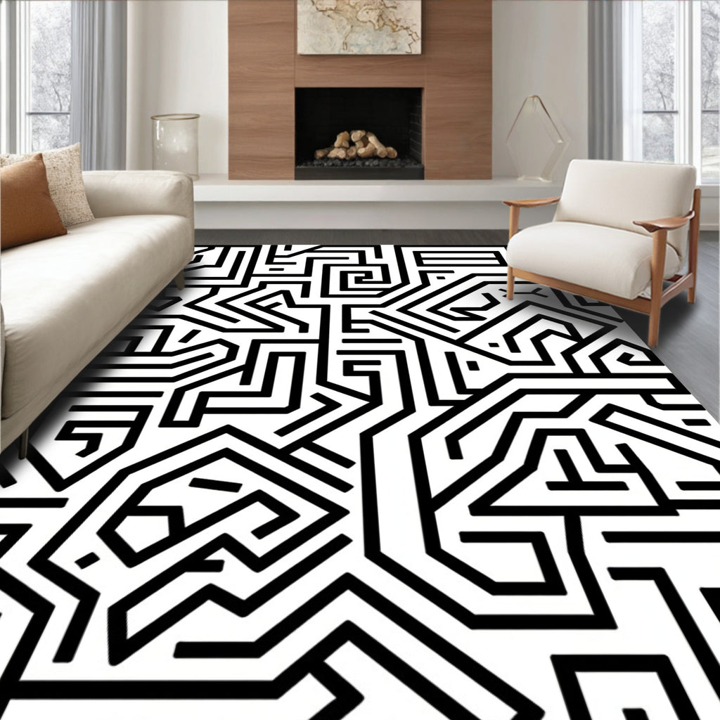 Black White Labyrinth Circuit Board Rug