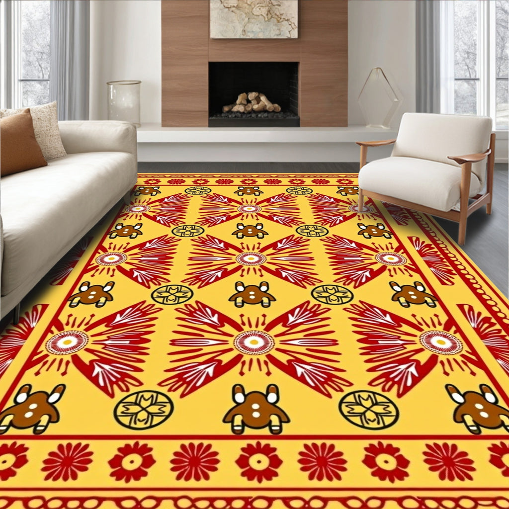 Golden Yellow Red Sunburst Animal Motif Rug