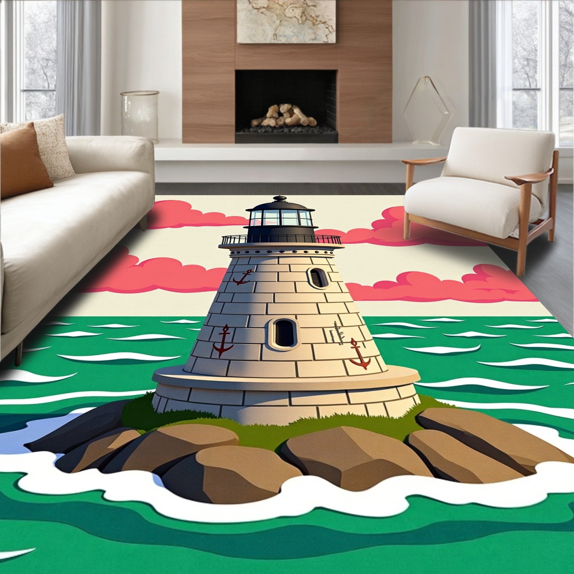 Coastal Lighthouse Anchor Clouds Ocean Rug