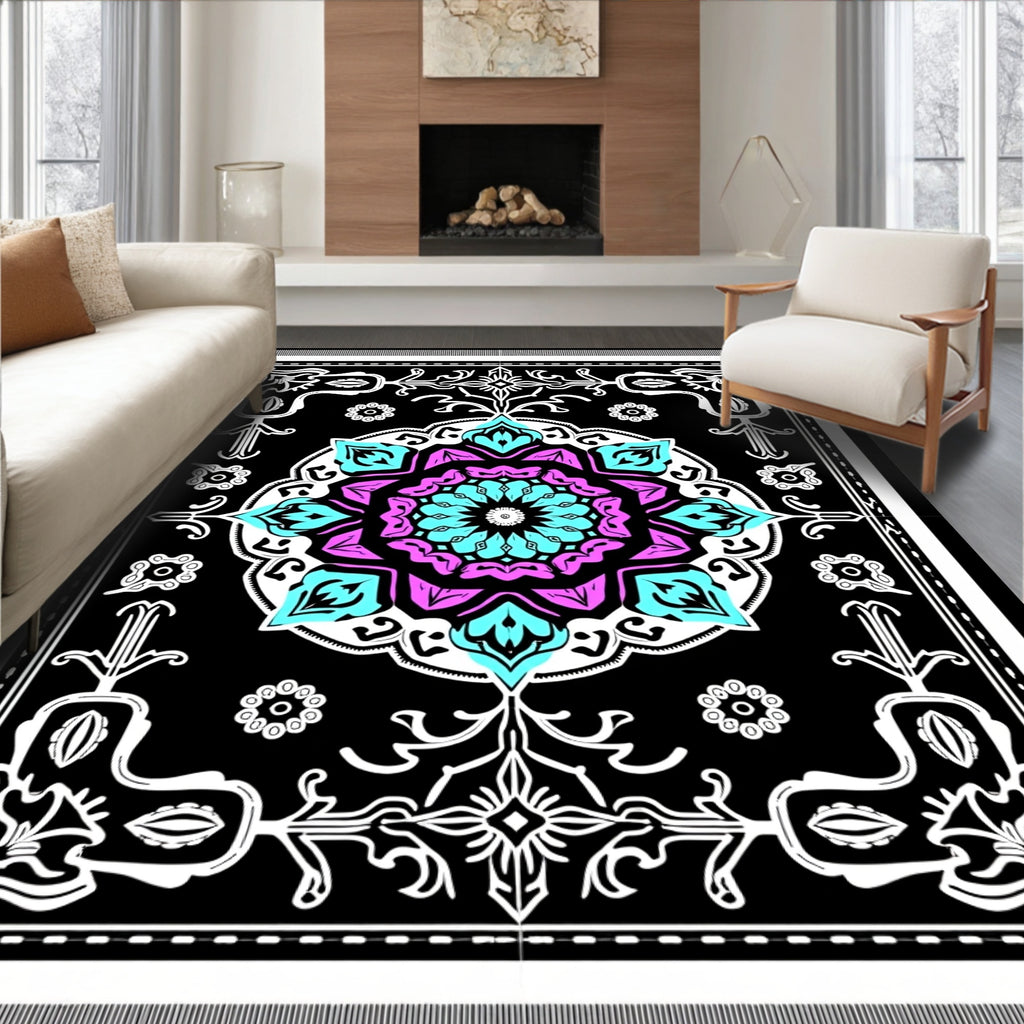 Vibrant Cyan Pink Medallion Kaleidoscope Rug