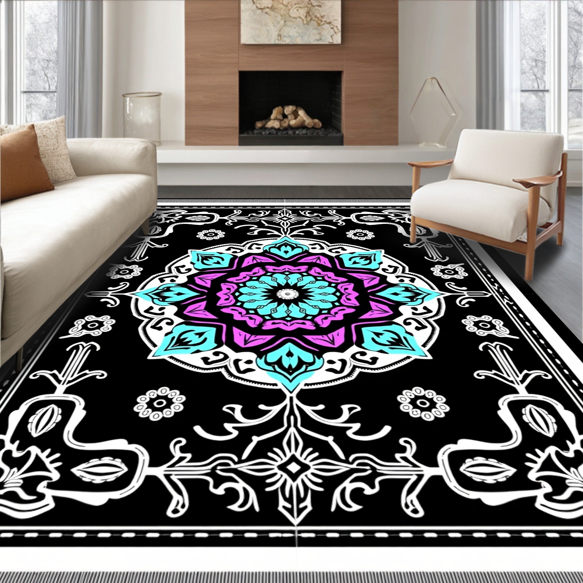 Vibrant Cyan Pink Medallion Kaleidoscope Rug