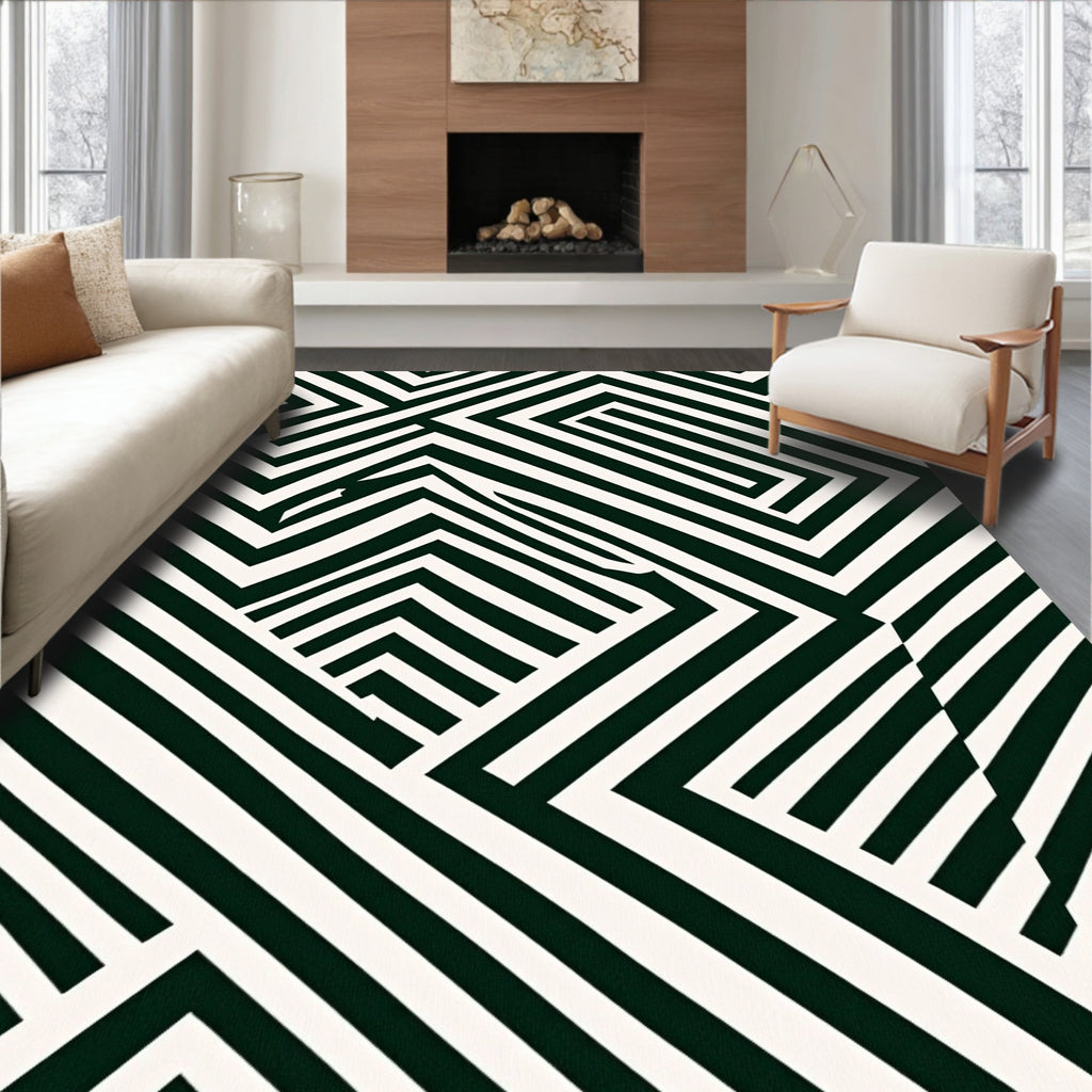 Dark Green White Geometric Maze Rug