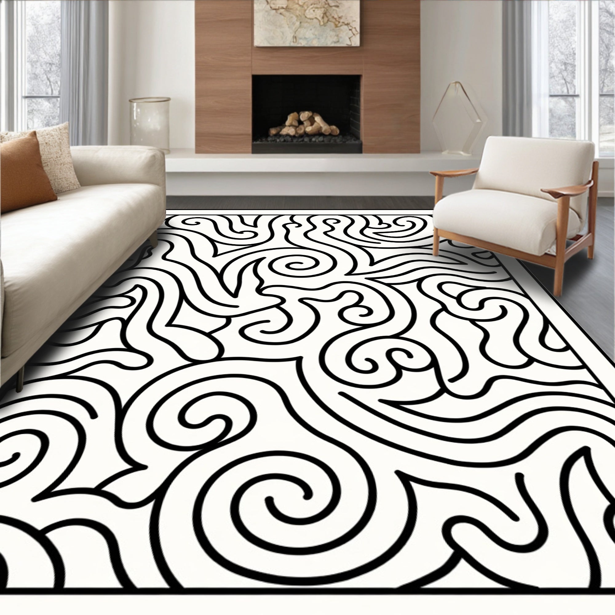 Black Swirl Abstract Flow Rug