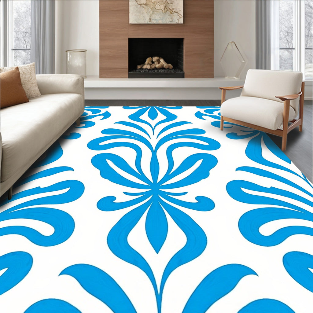 Bright Blue Floral Swirls Rug