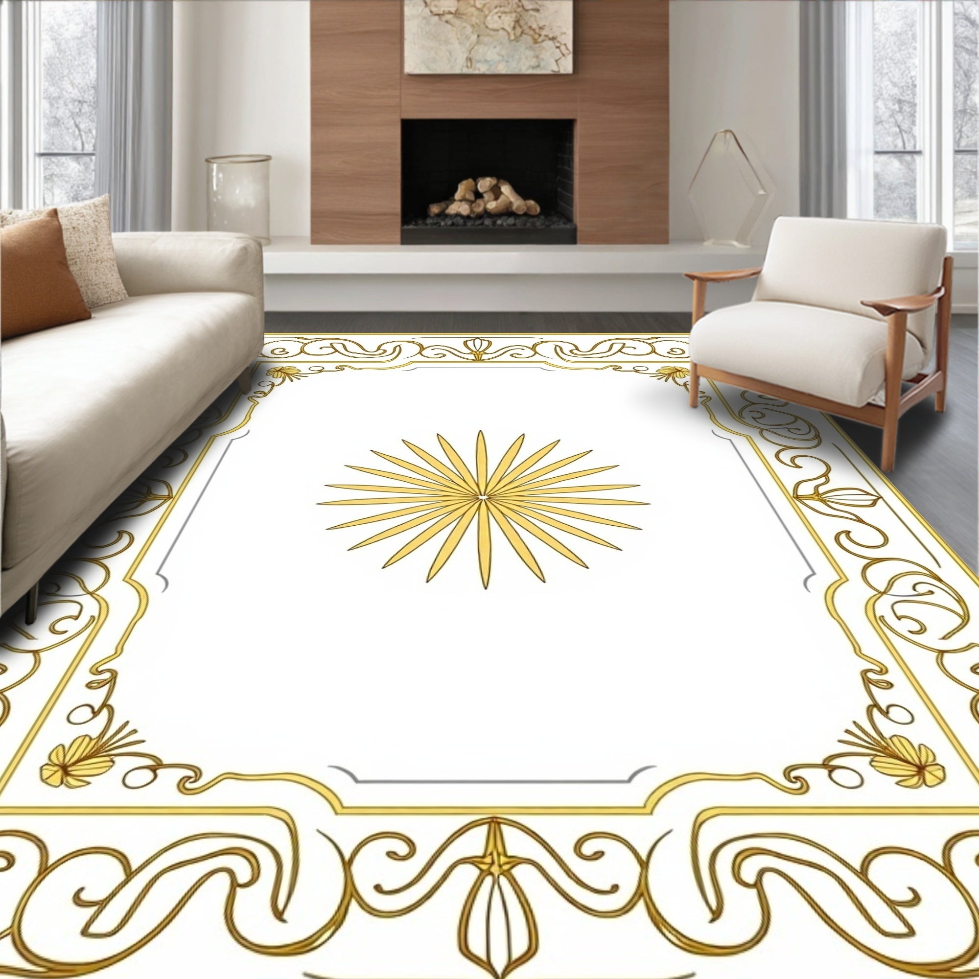 Golden Sunburst Frame Floral Rug