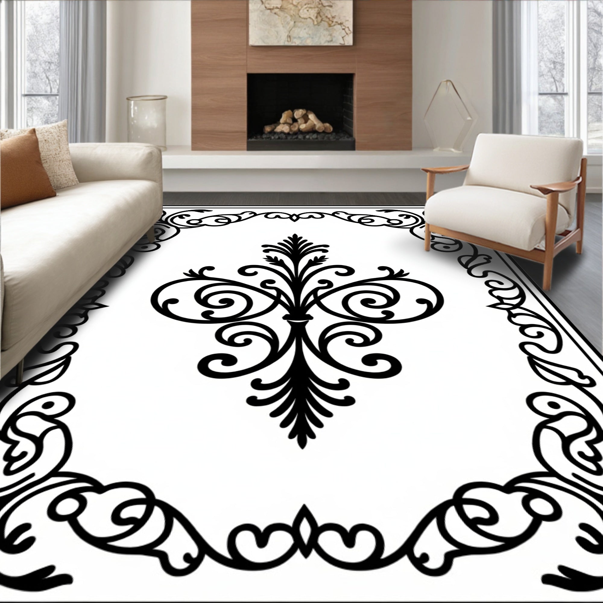 Classic Black Scrollwork Floral Medallion Rug