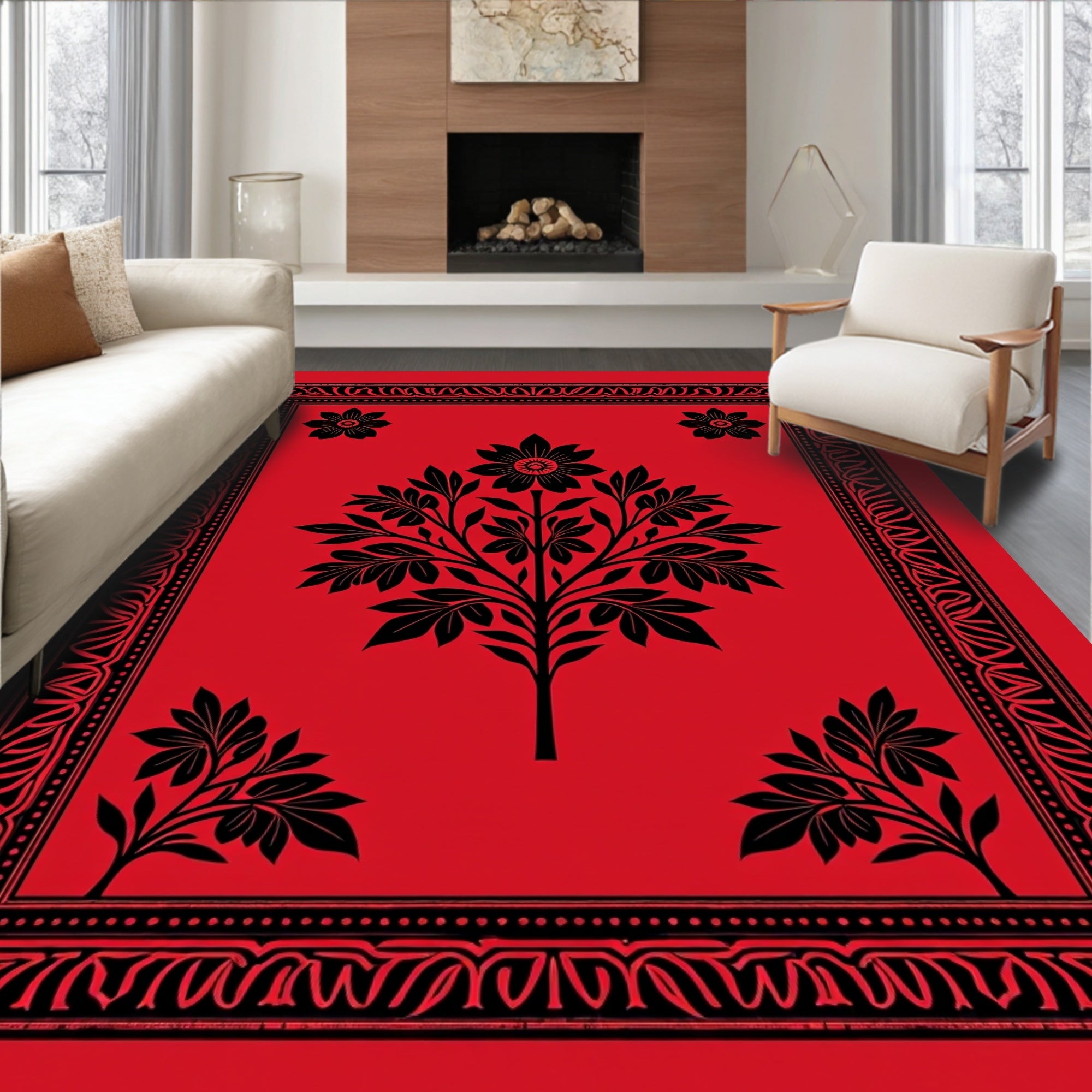 Bold Red Floral Tree Border Rug