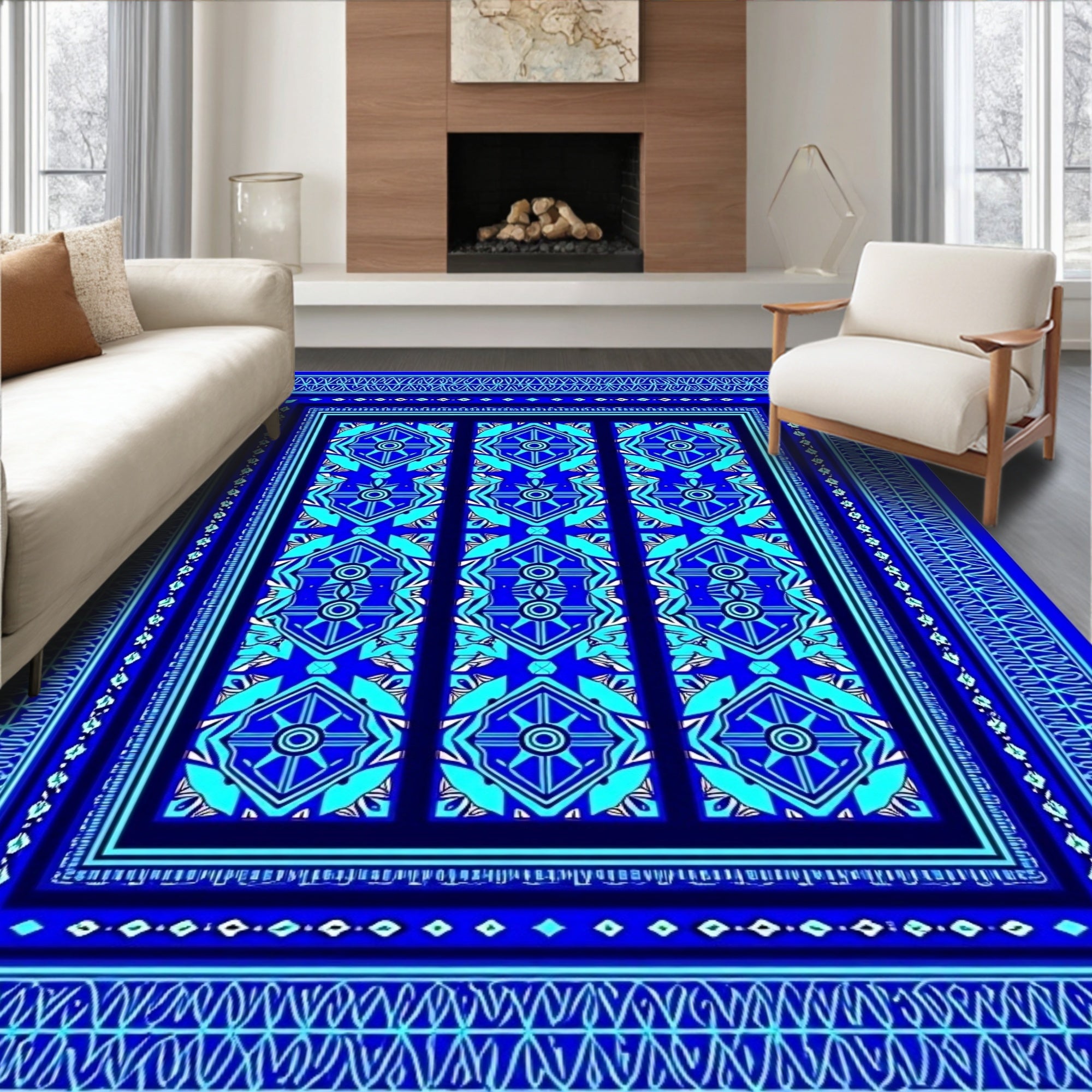 Radiant Blue Geometric Medallion Rug