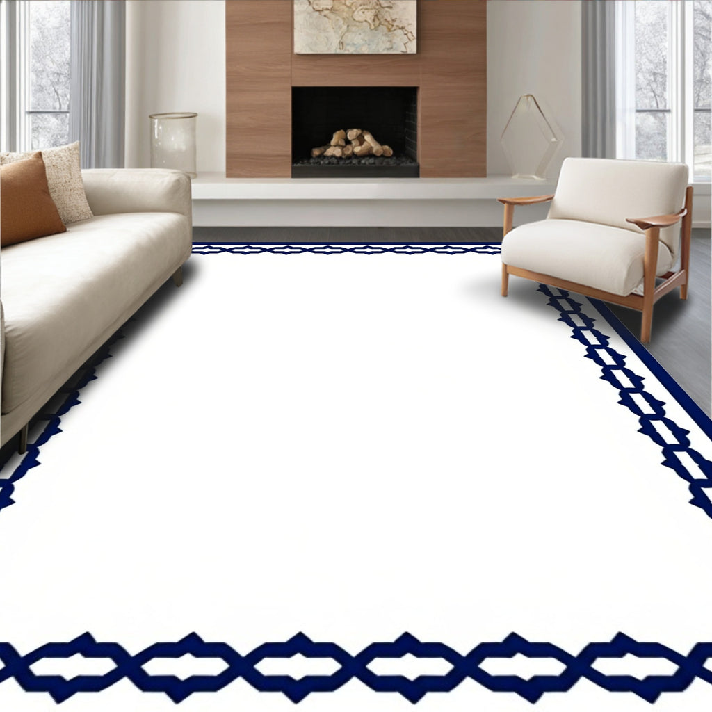 Naval Blue Geometric Chain Border Rug
