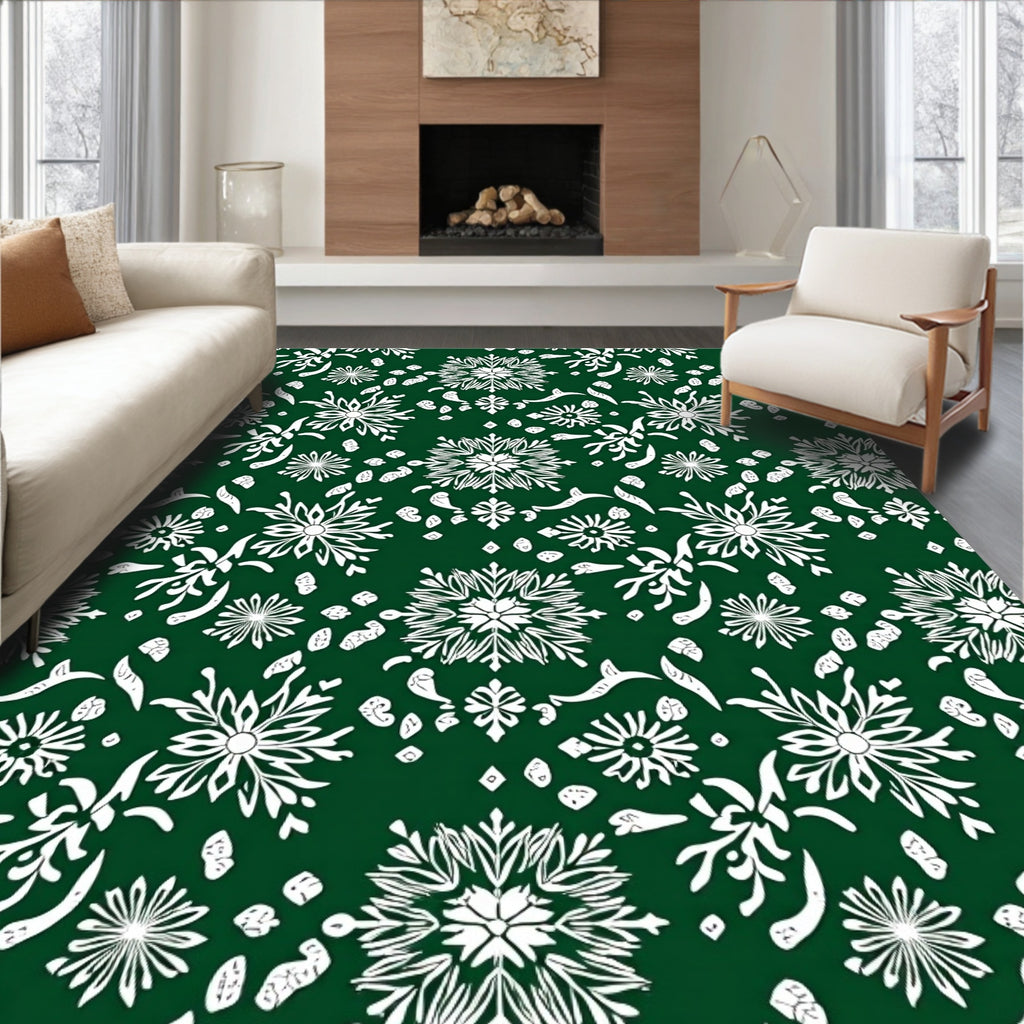 White Floral Snowflakes On Deep Green Rug