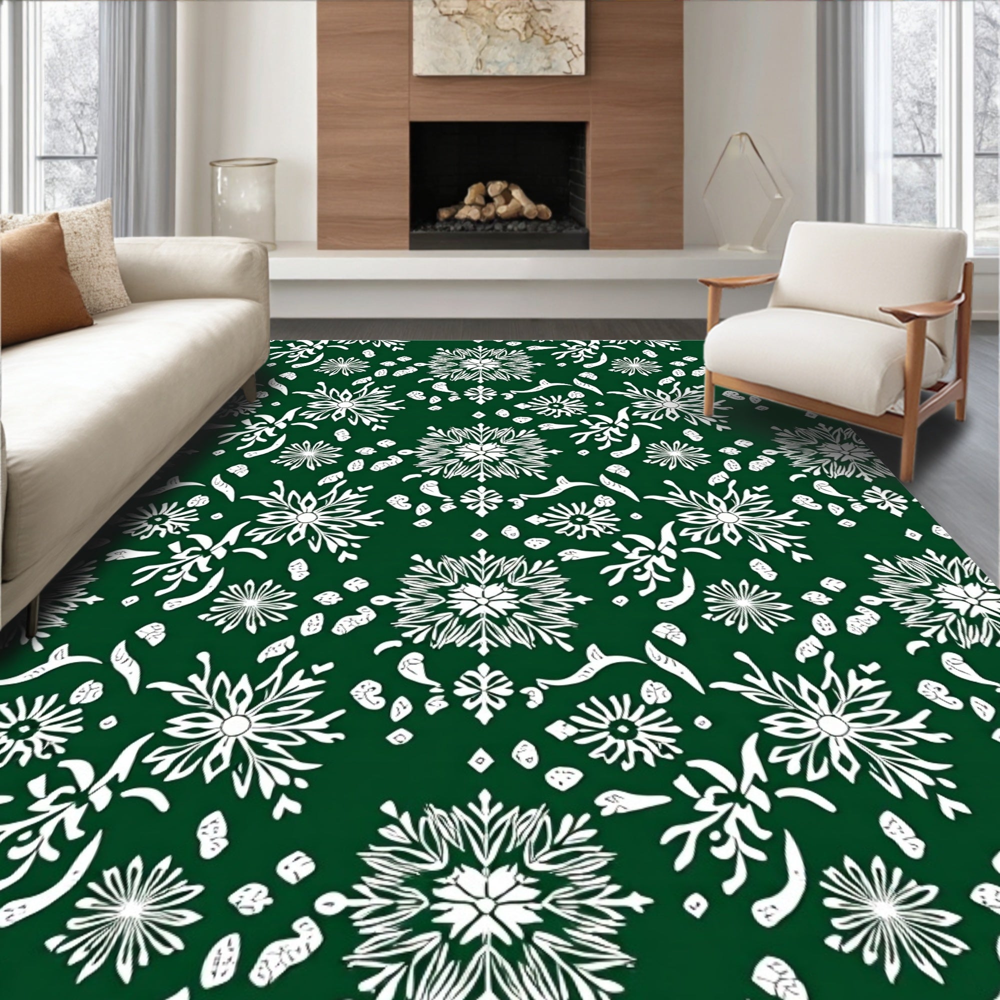 White Floral Snowflakes On Deep Green Rug