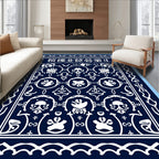 Navy White Intricate Floral Motif Rug