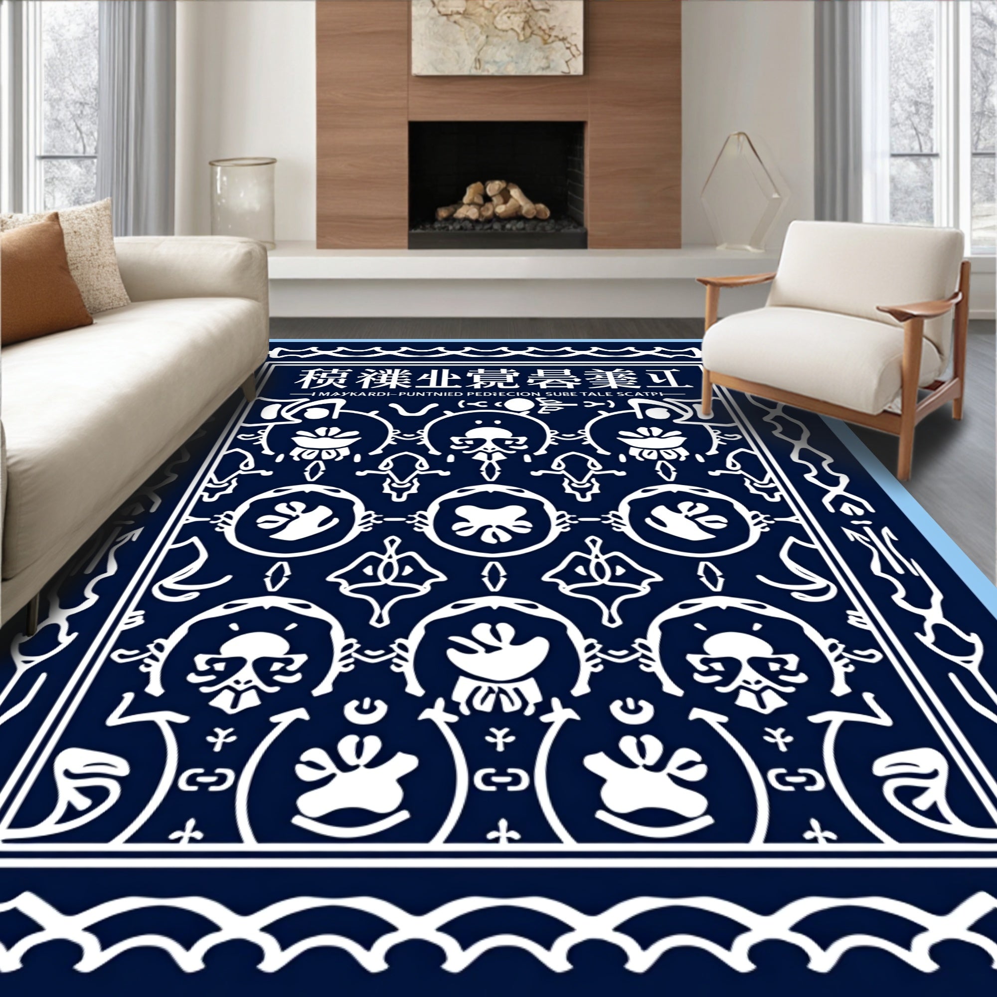 Navy White Intricate Floral Motif Rug