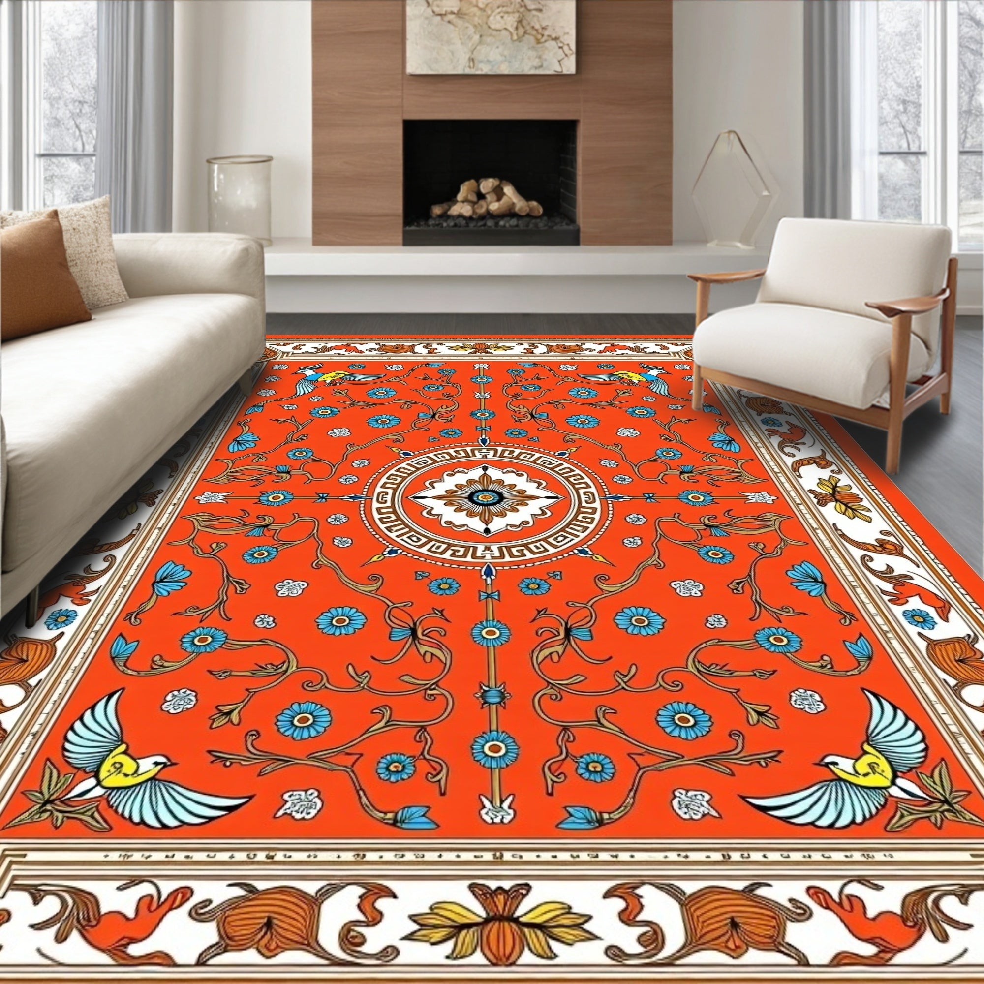 Vibrant Orange Bird Floral Medallion Rug