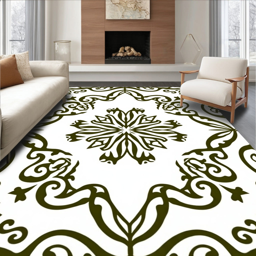 Dark Olive Floral Symmetry Medallion Rug