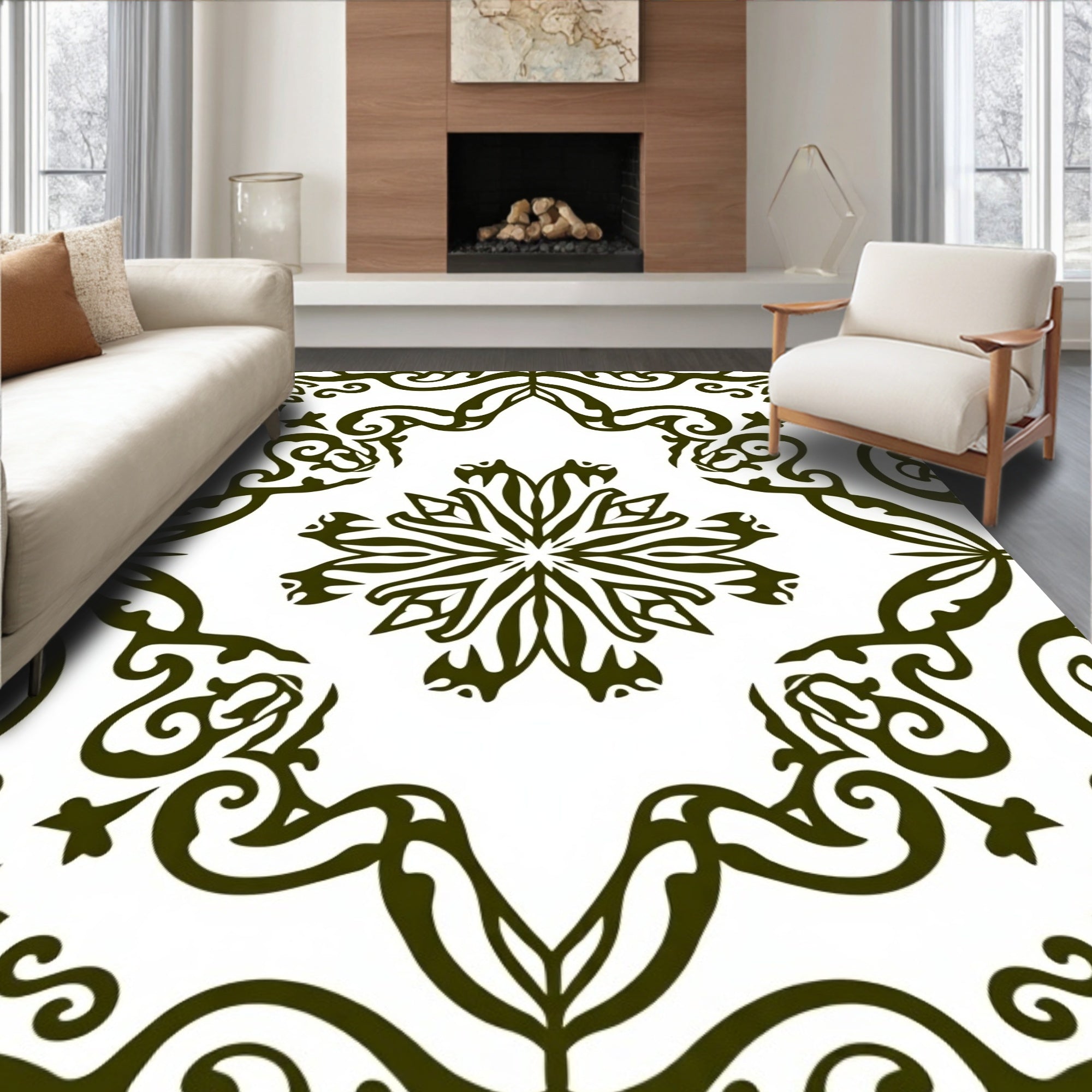 Dark Olive Floral Symmetry Medallion Rug