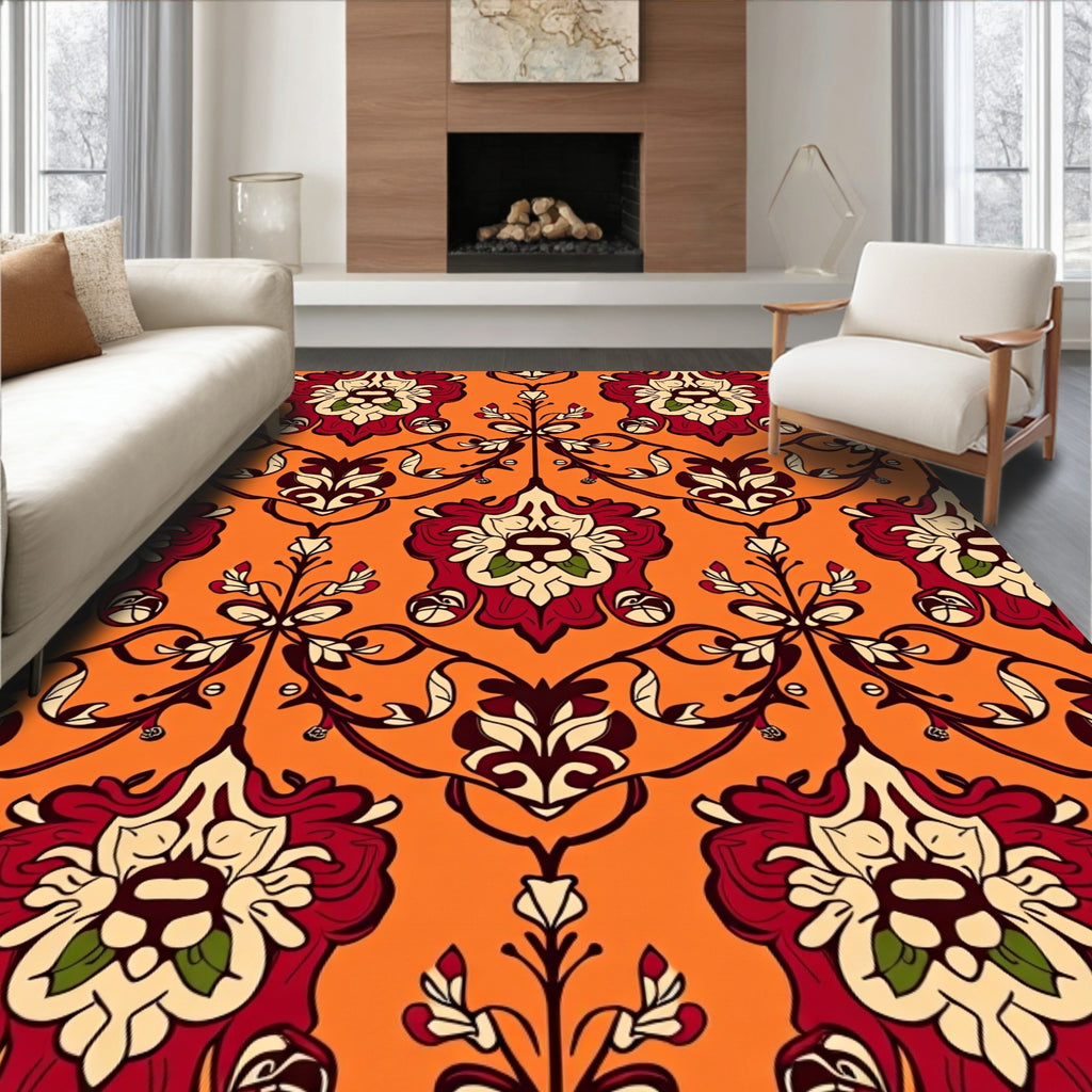 Crimson Floral Vine Damask Rug