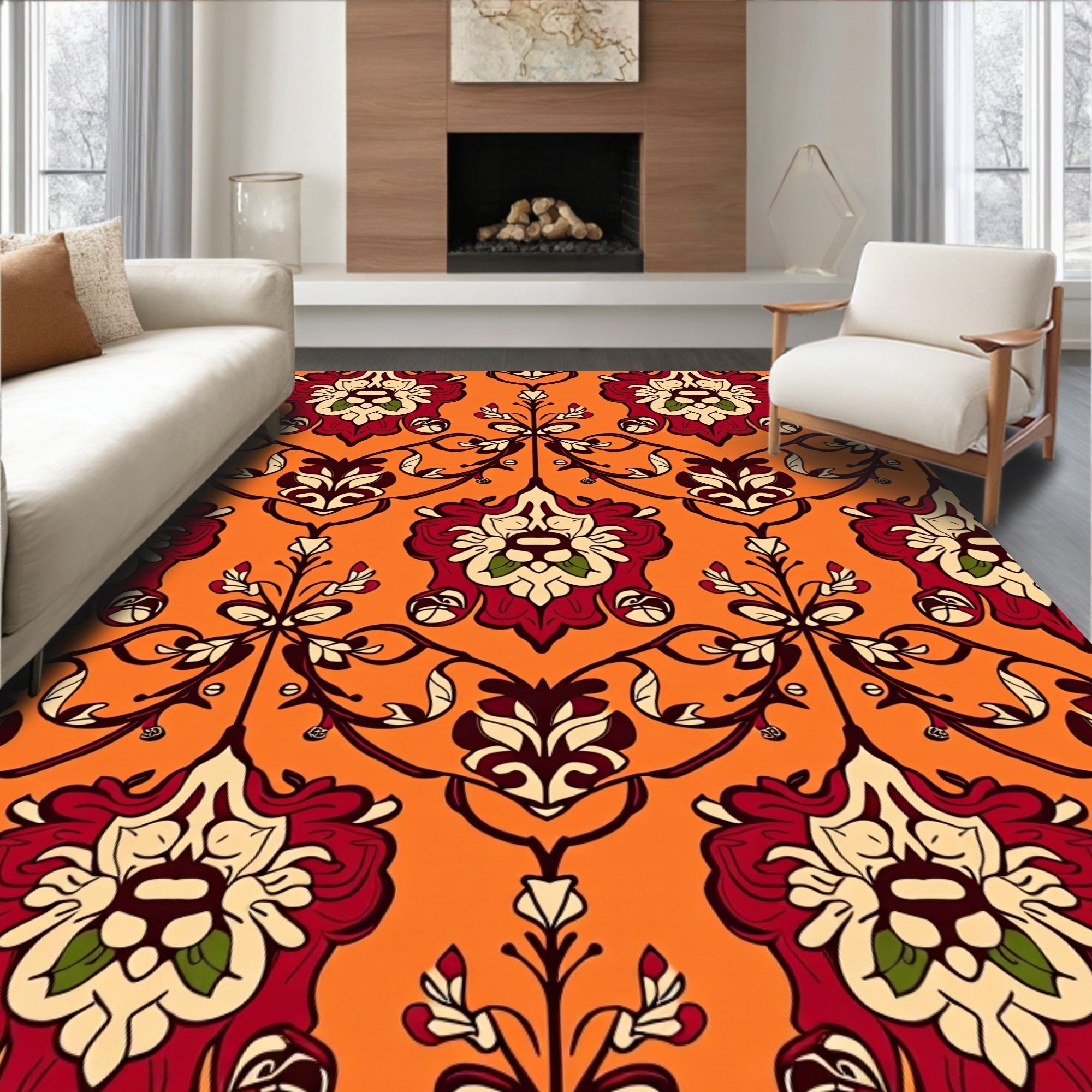Crimson Floral Vine Damask Rug
