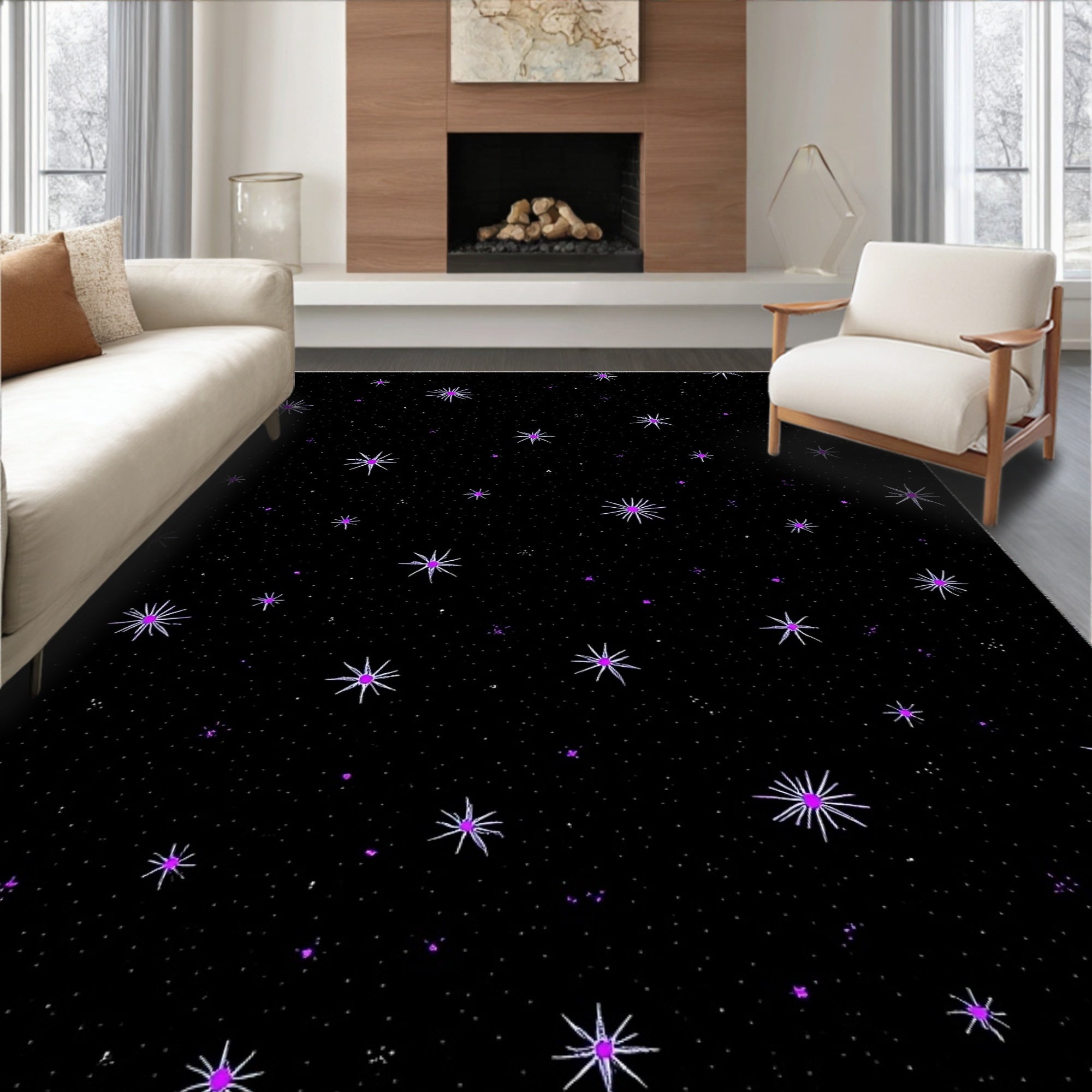 Cosmic Black Starburst Purple Accent Rug