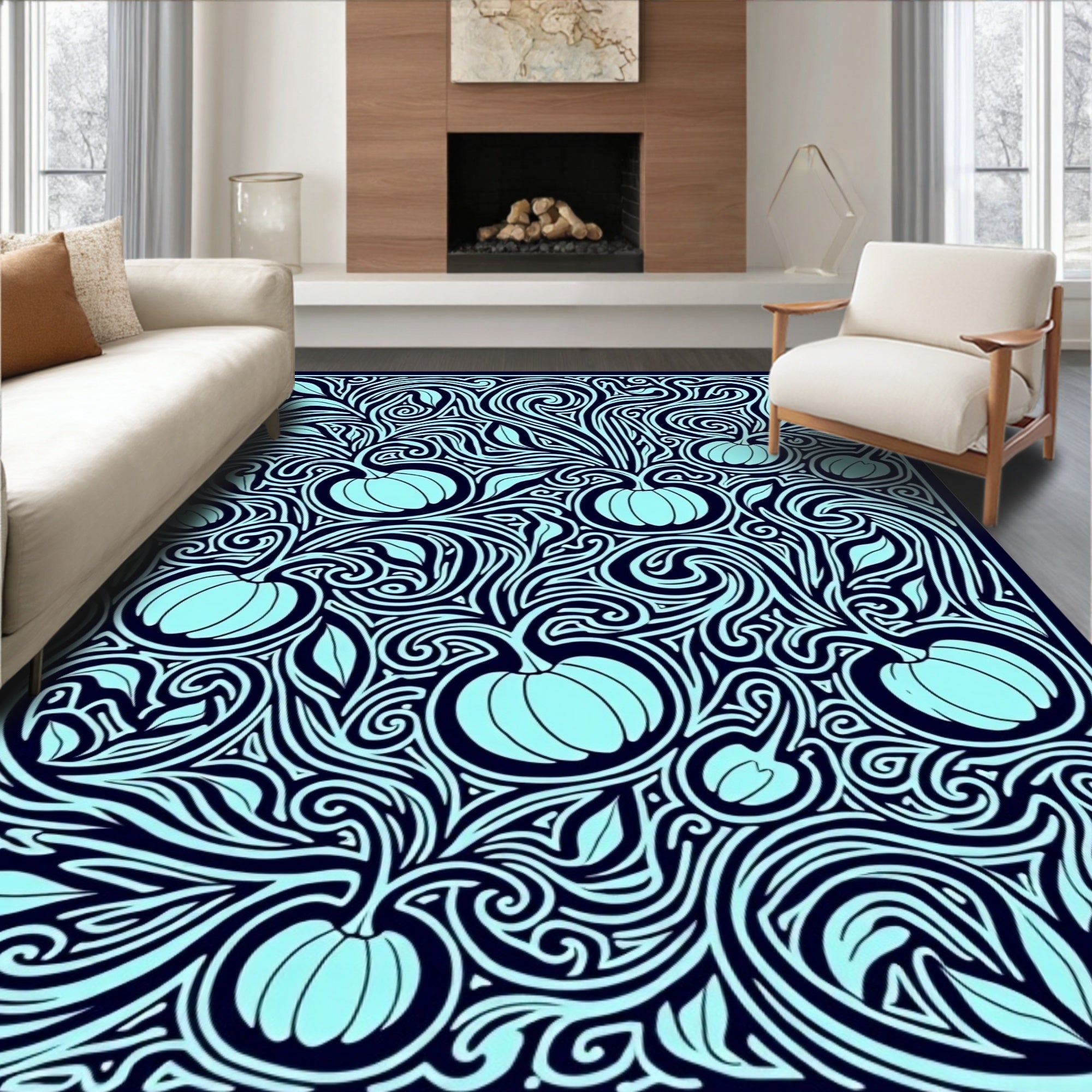 Light Blue Pumpkin Vine Swirl Rug