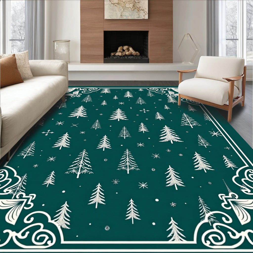 Deep Teal Winter Forest Border Rug