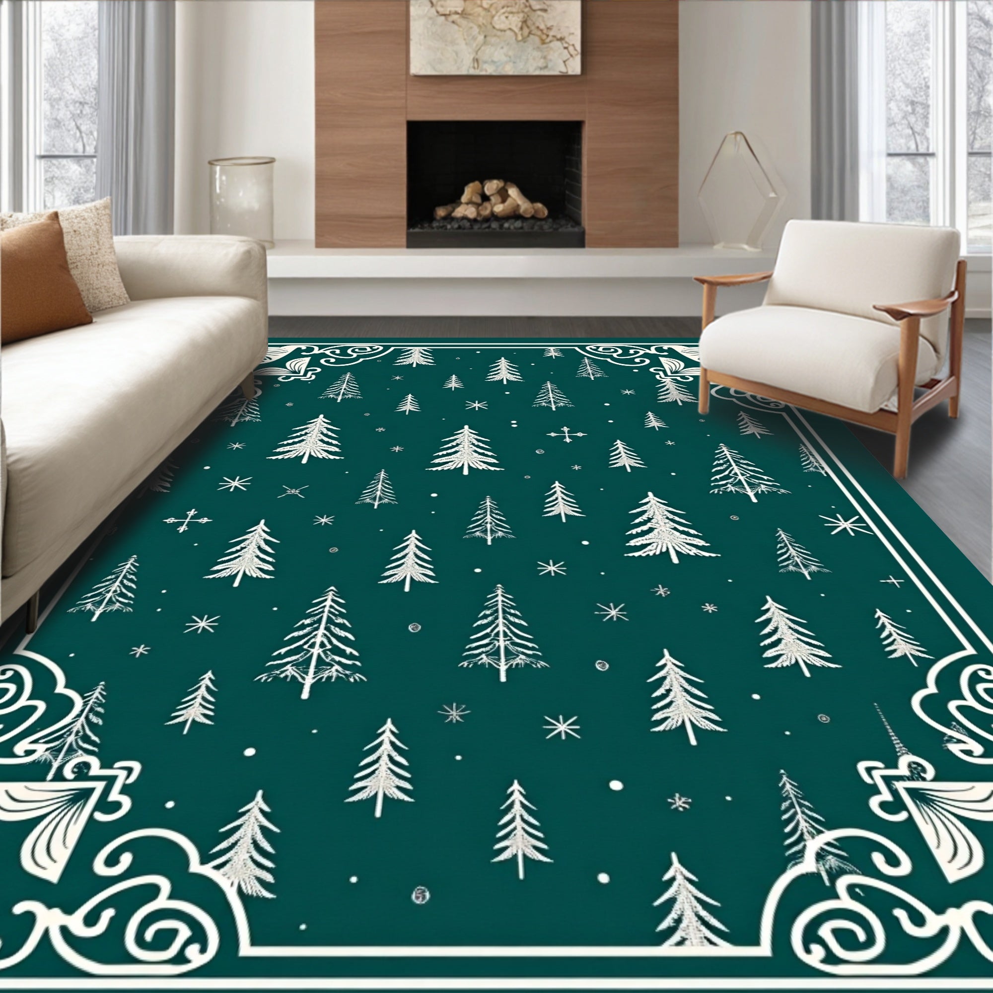 Deep Teal Winter Forest Border Rug