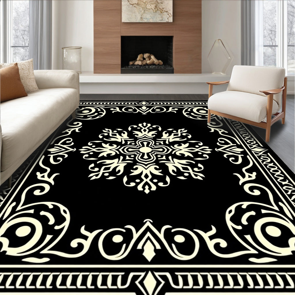 Ornate Black Ivory Medallion Border Rug