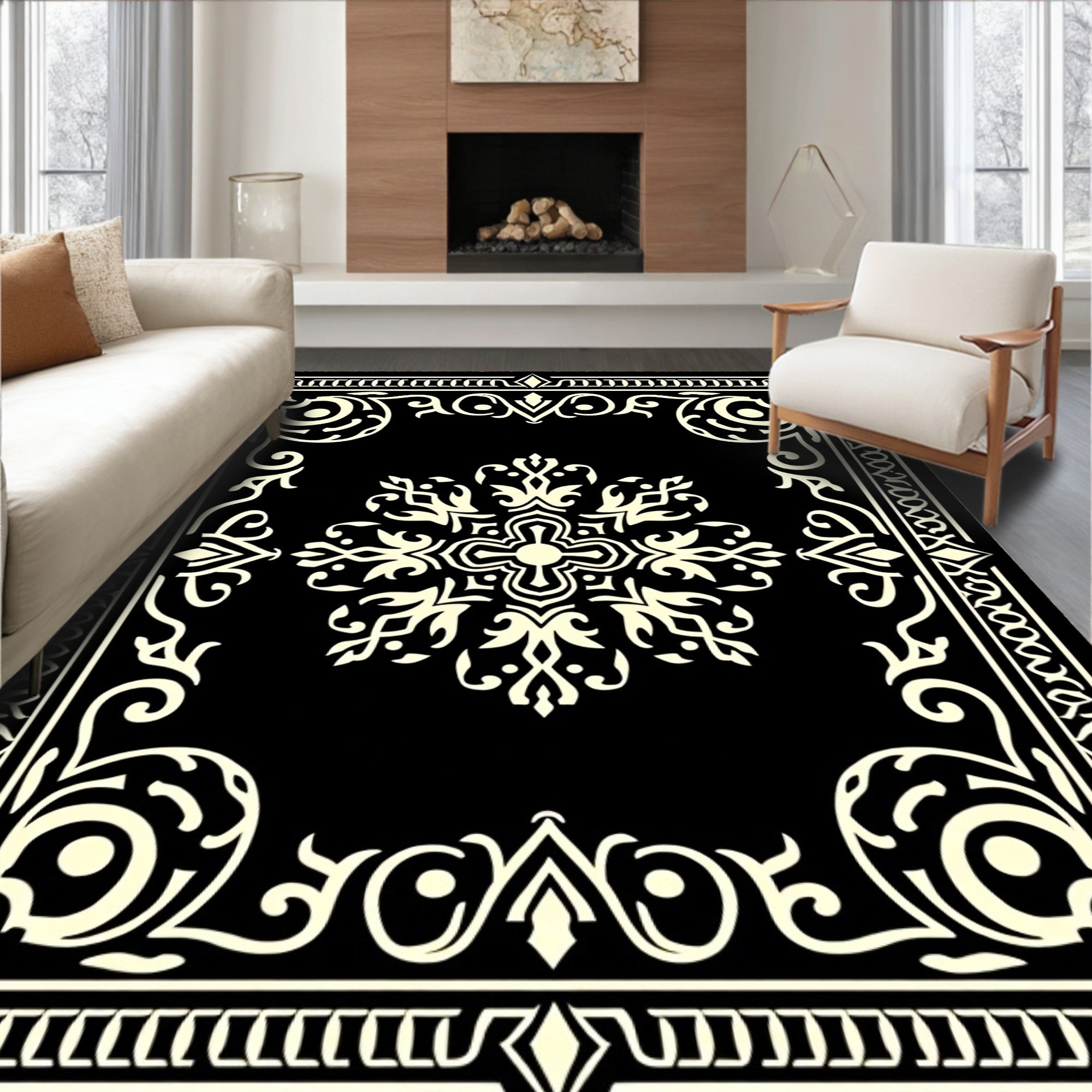 Ornate Black Ivory Medallion Border Rug
