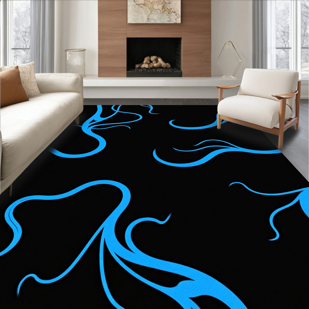 Vibrant Blue Swirls on Black Background Rug