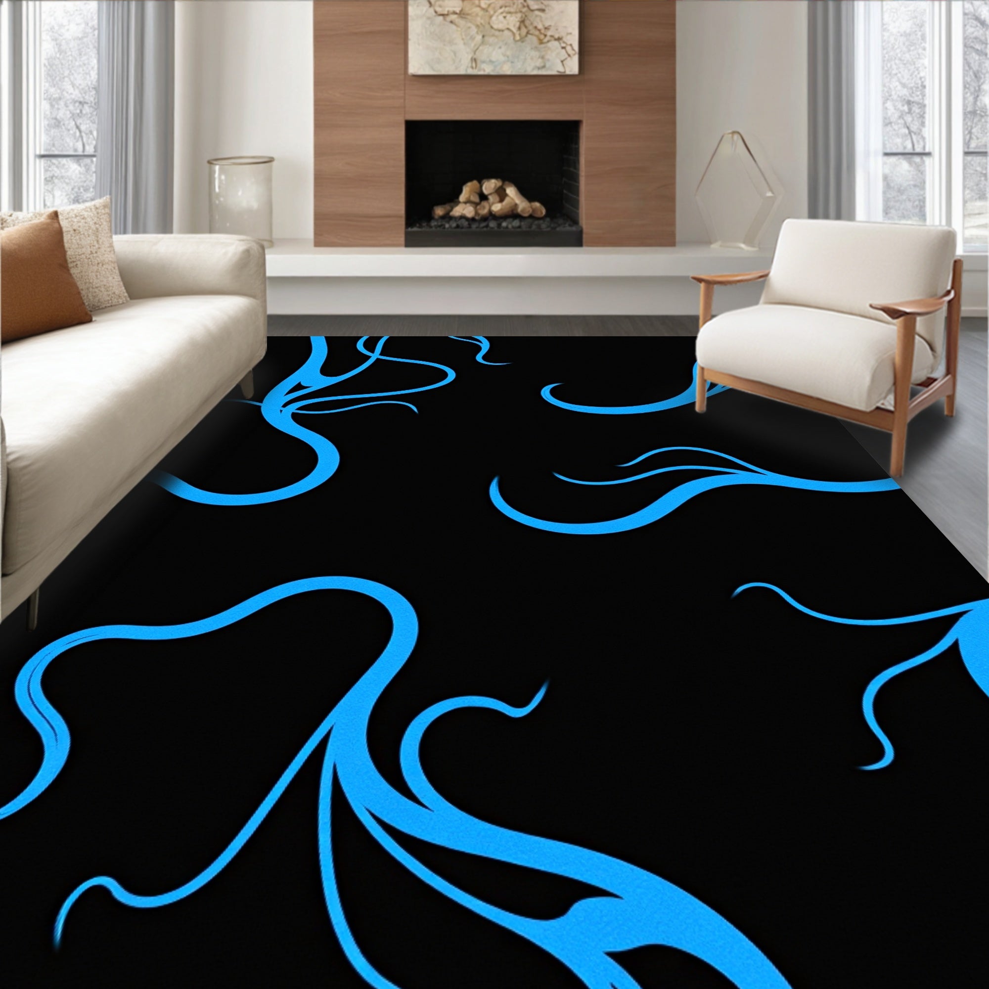 Vibrant Blue Swirls on Black Background Rug
