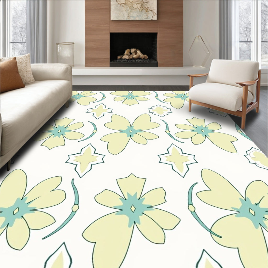 Soft Yellow Blue Floral Medallion Rug