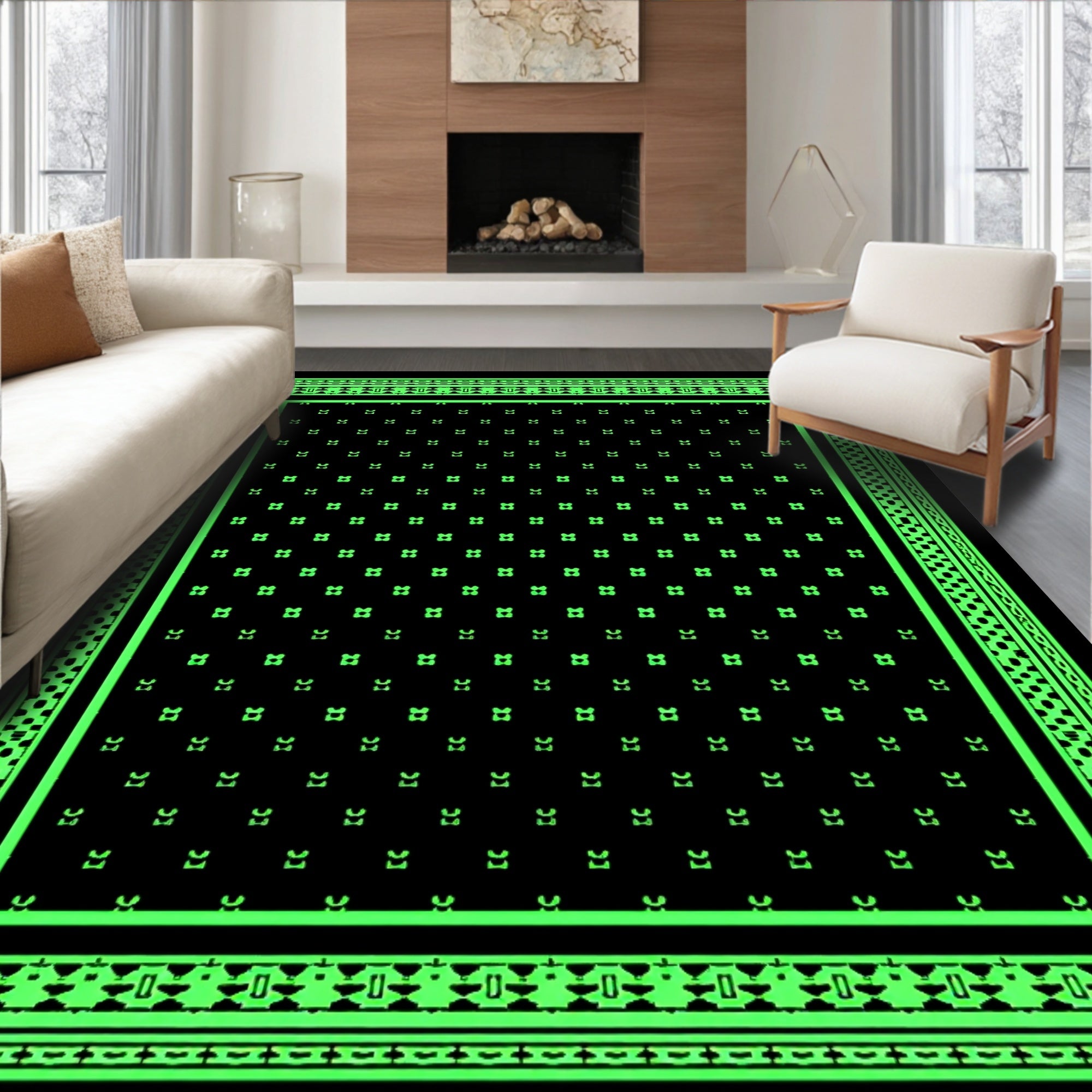Black Neon Green Repeating Clover Medallion Rug