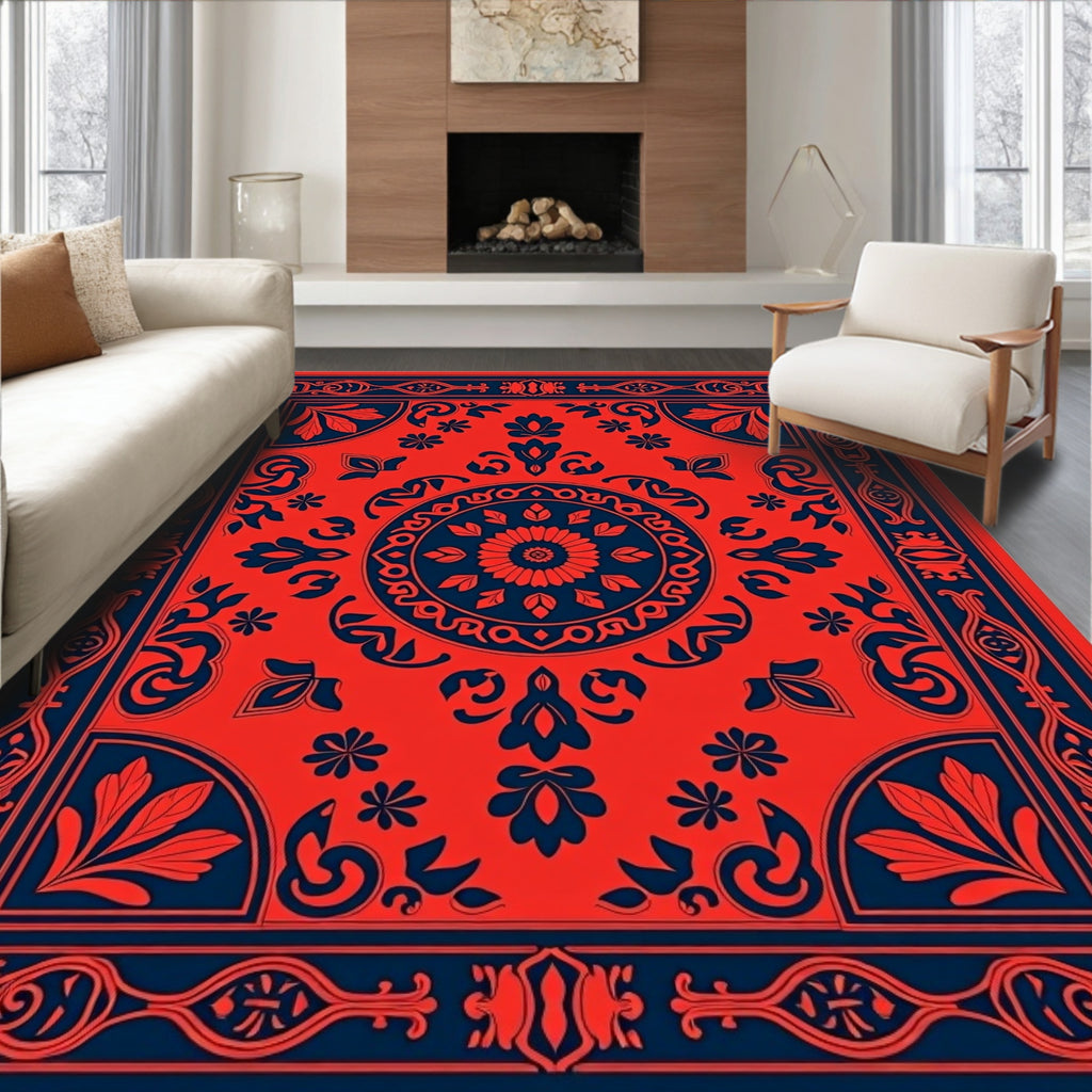Crimson Navy Floral Medallion Border Rug