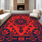 Crimson Navy Floral Medallion Border Rug