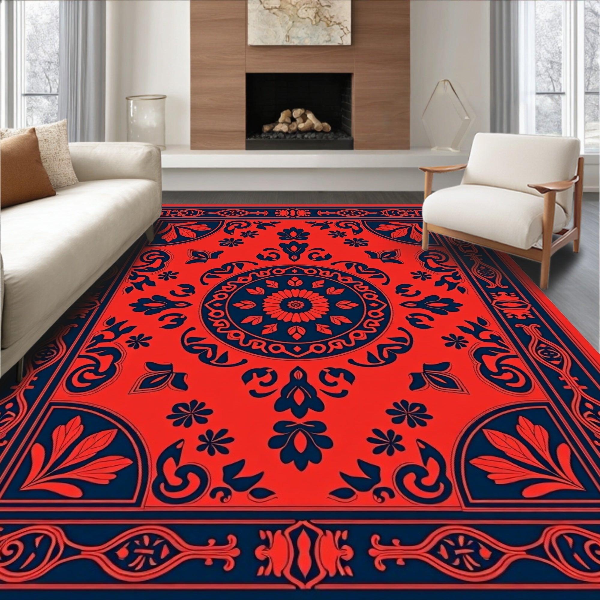 Crimson Navy Floral Medallion Border Rug