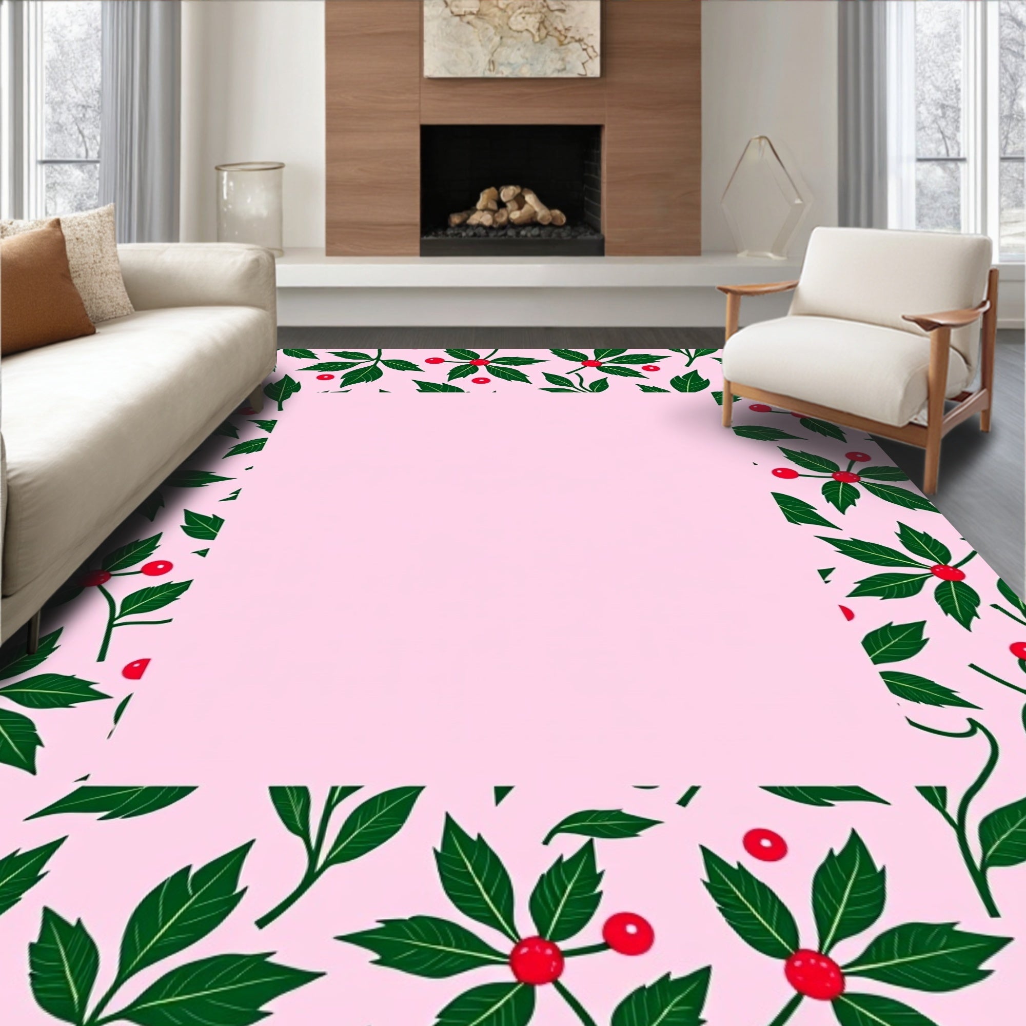 Pink Holly Berry Border Rug